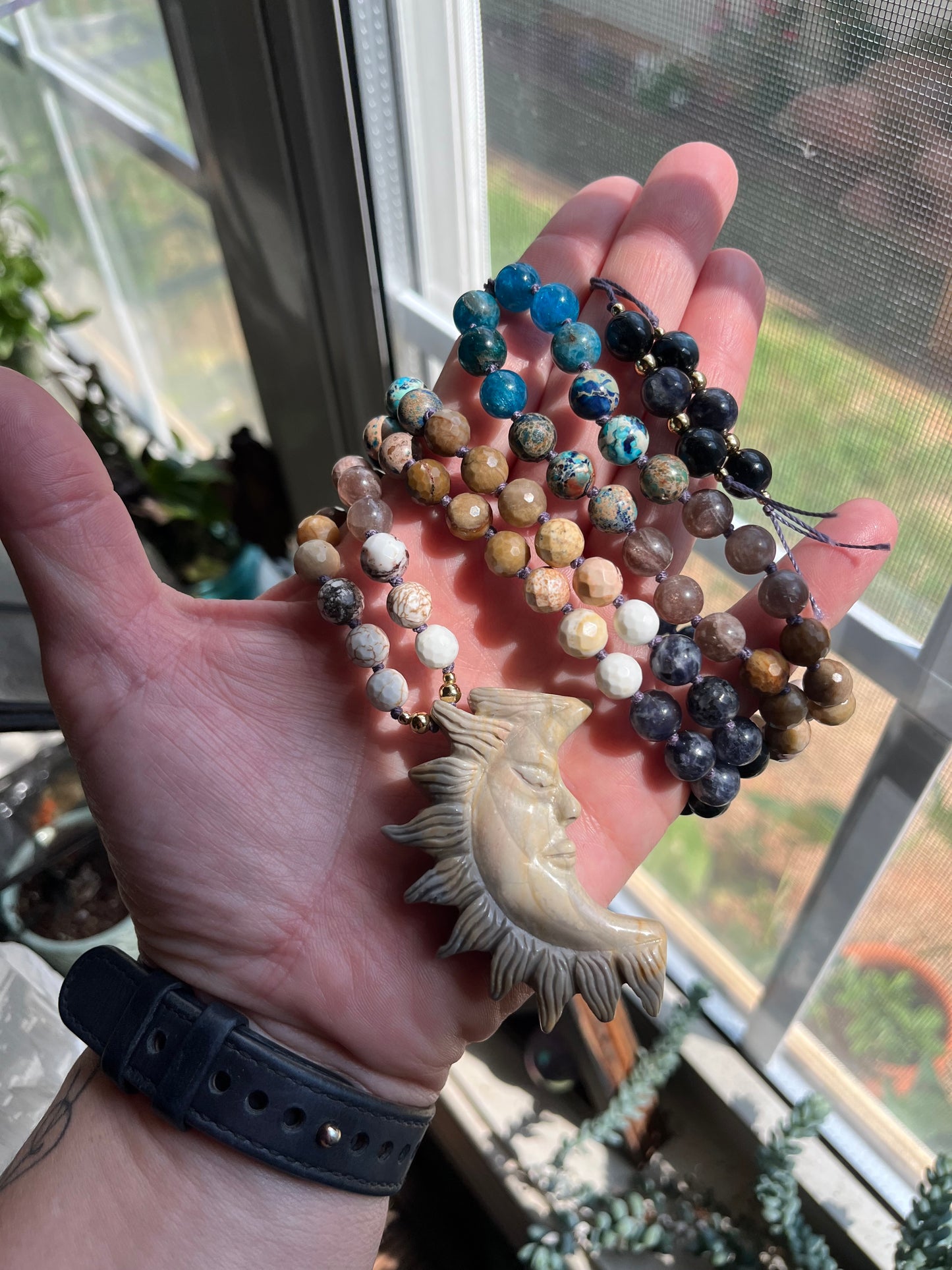 Sunkeeper Mala Necklace — Carved Jasper Sun Crescent