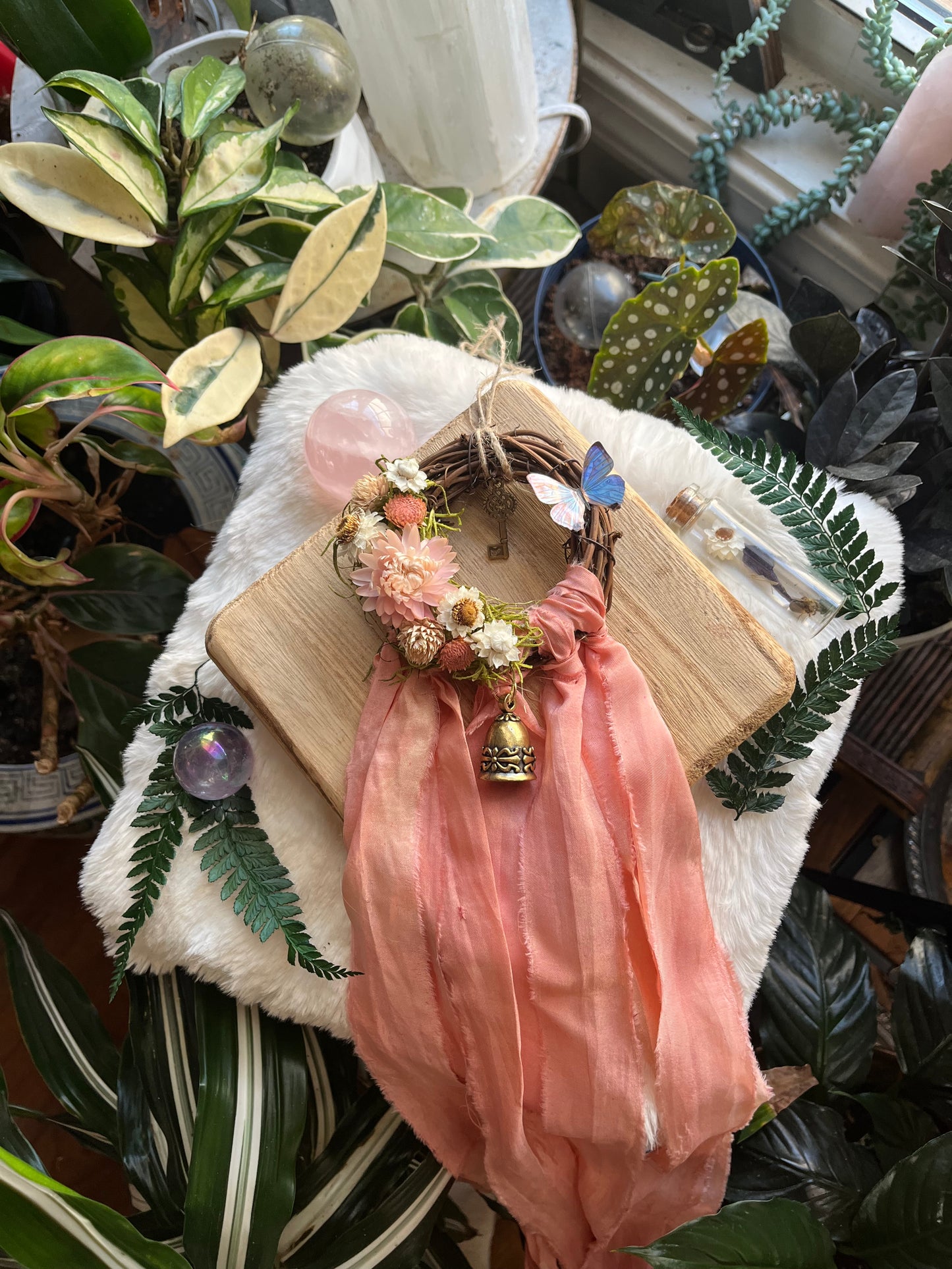 Butterfly Fairy Blessing Bells, Wreath with Dried Florals, Roses, Key Charm