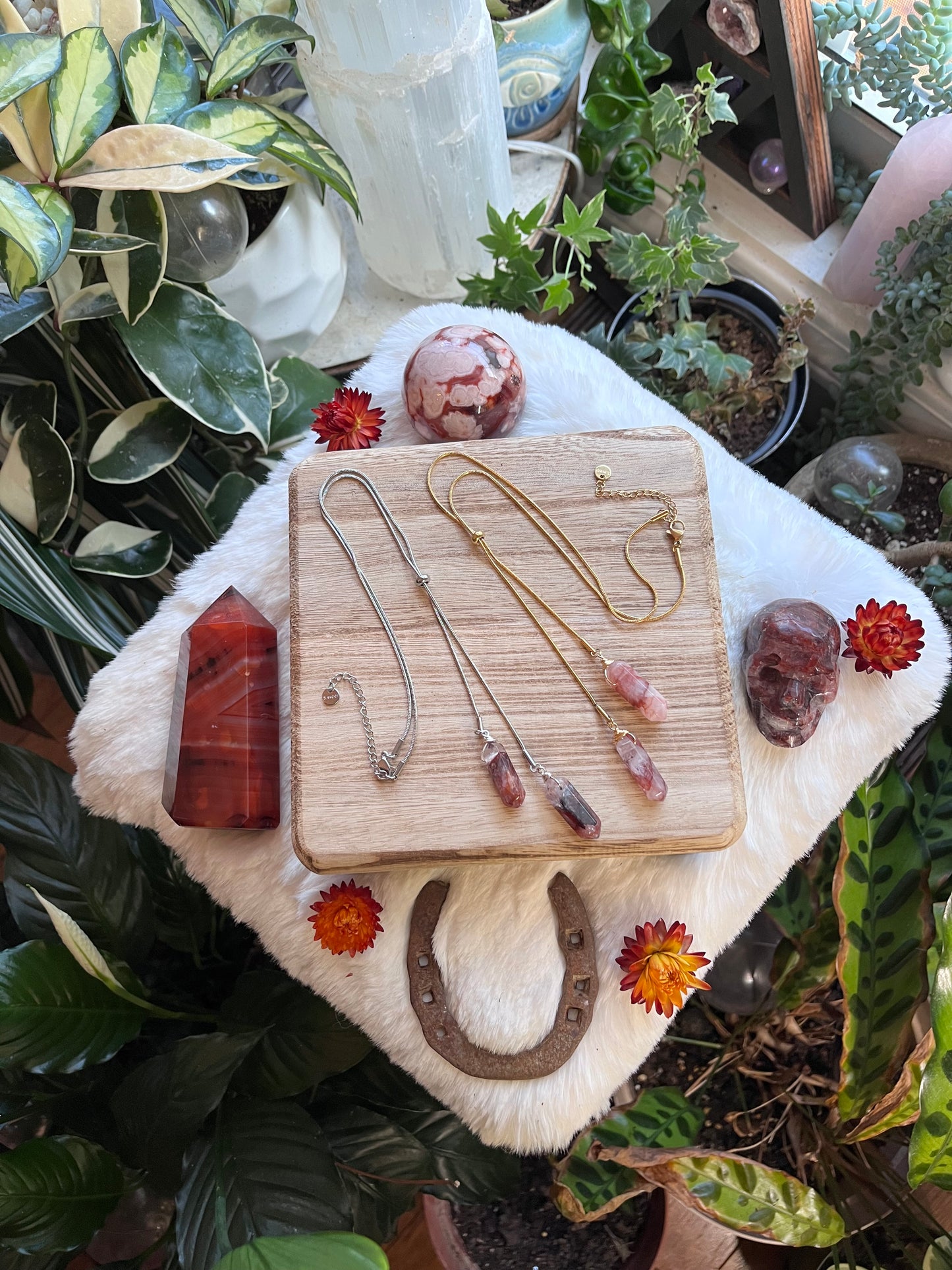 Fire Quartz Point Slider Necklace: Adjustable Minimalist Jewelry