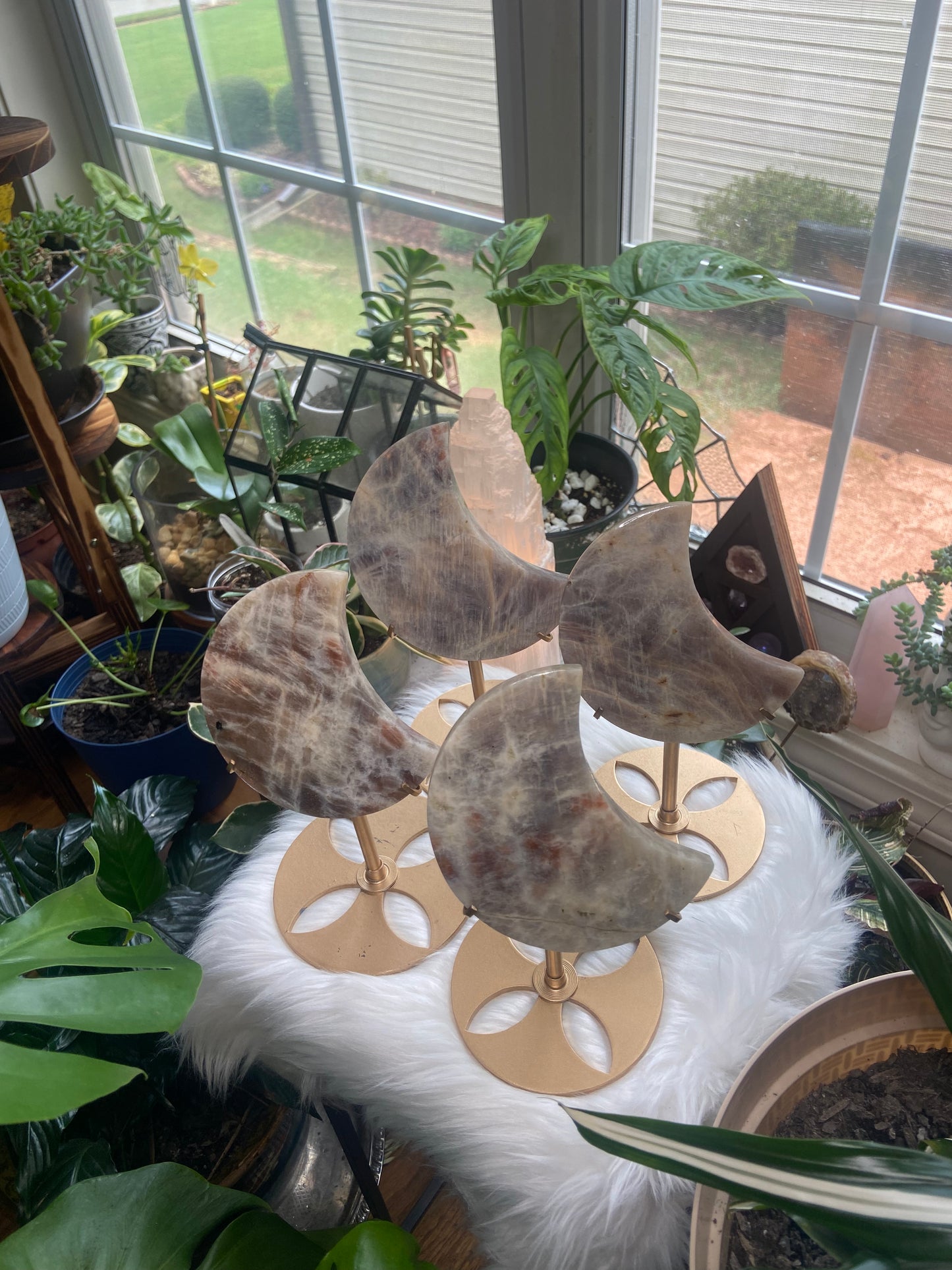 Carved Moonstone and Sunstone (Belomorite) with stand