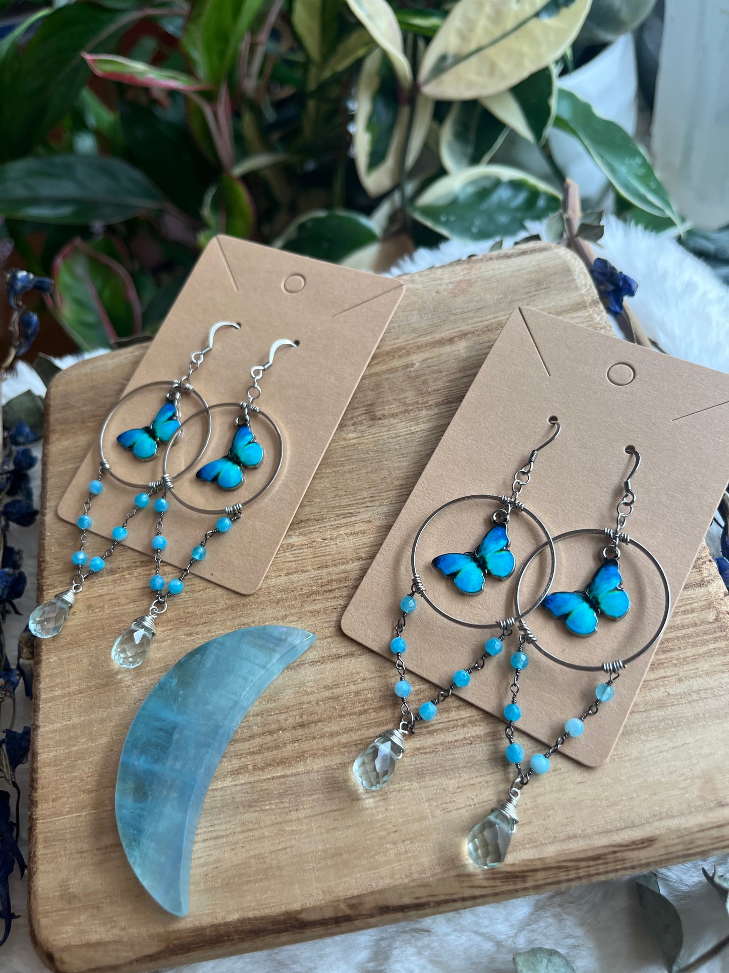 Blue Morpho hoop earrings with Monalisa stone and Blue Quartz teardrops