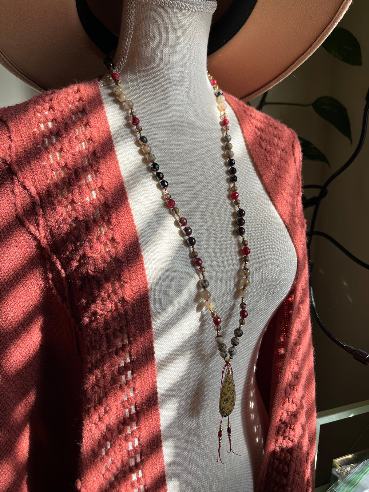 Handmade Leopard Jasper Mala Necklace | Onyx, Coral, Rutile Quartz Beads (Vintage Style)
