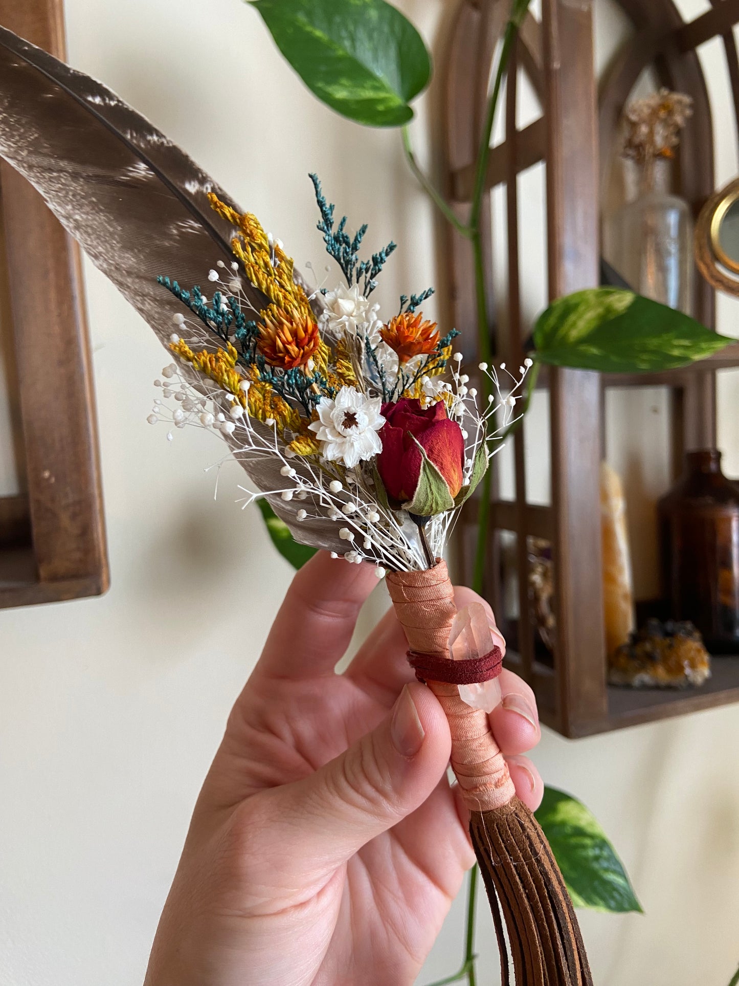 Vegan Leather Turkey feather wand with quartz handle ๐