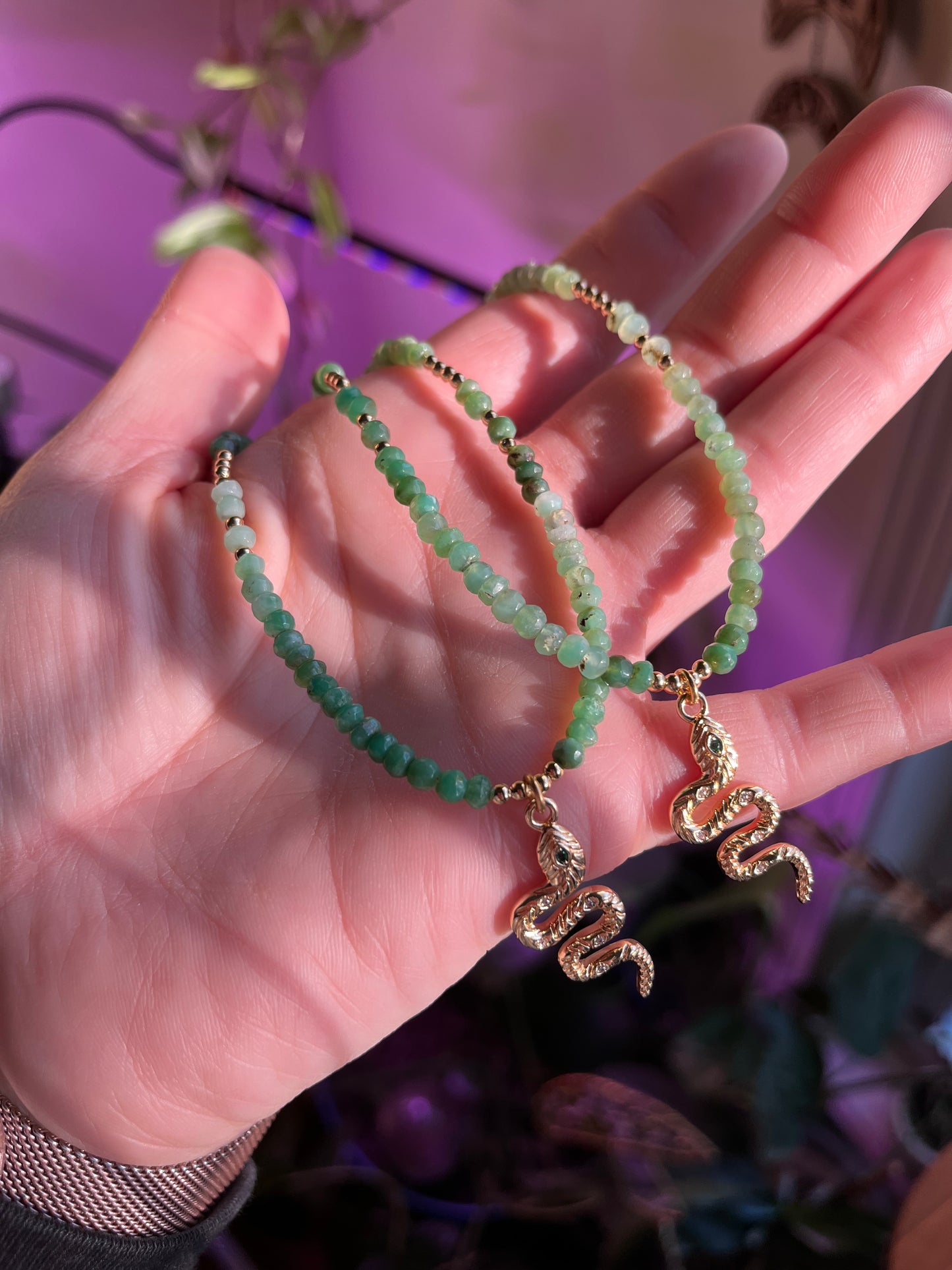 Chrysoprase snake charm necklace