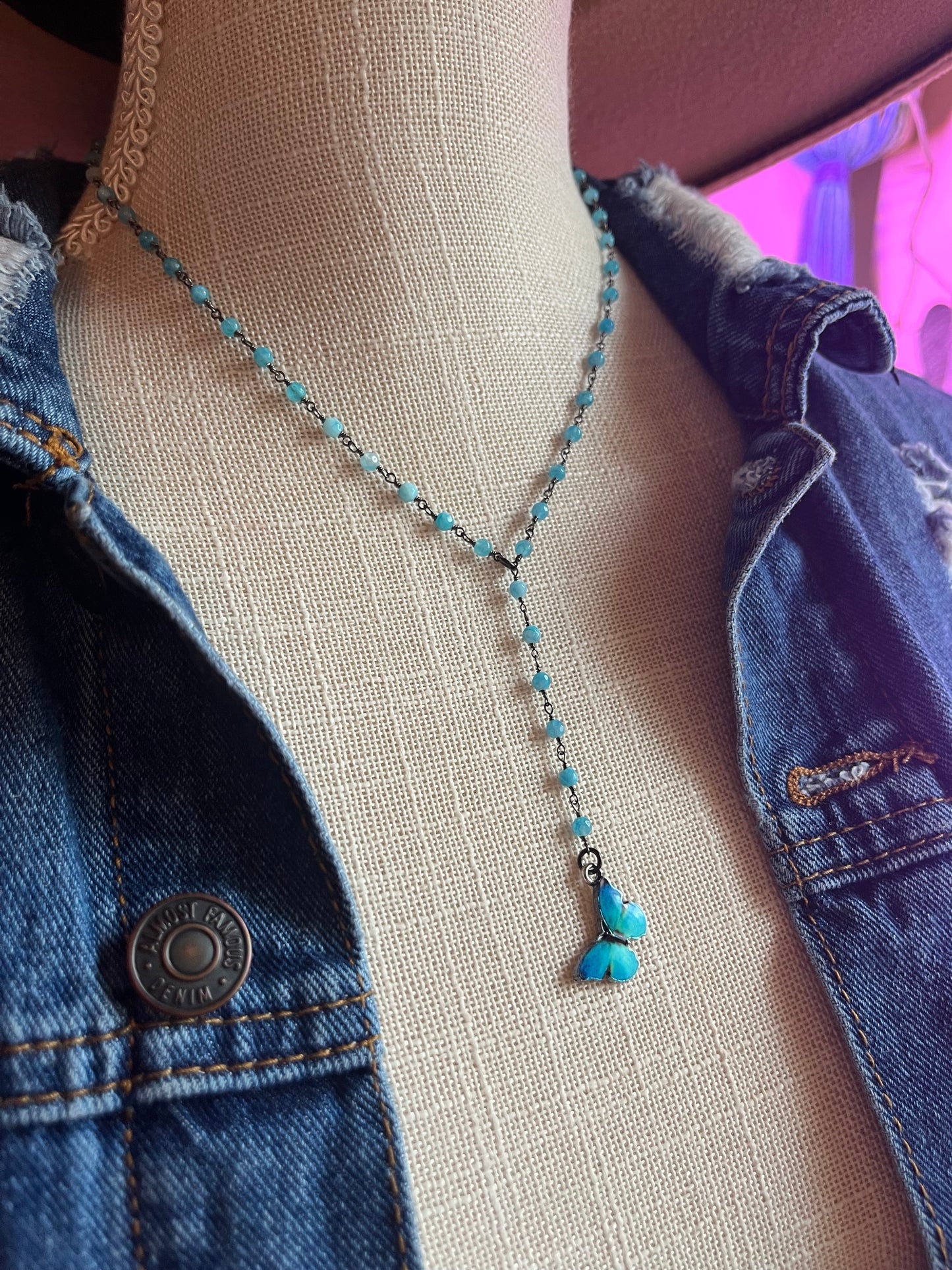Blue Morpho Butterfly Lariat Necklace, Beaded Gunmetal Chain, Monalisa Gemstone