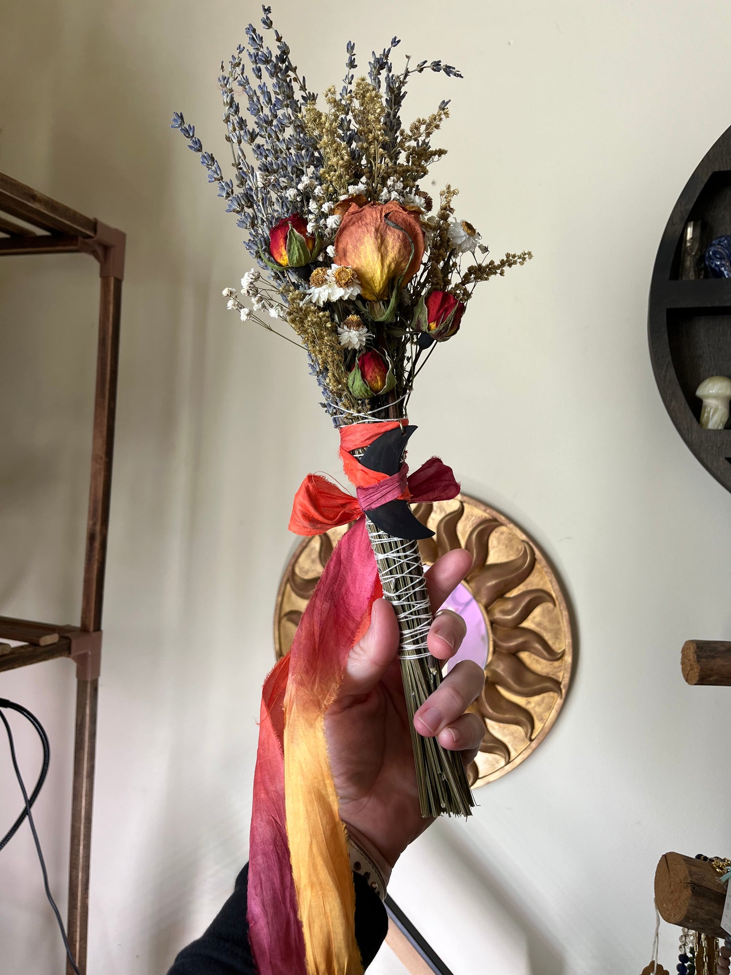Protection & Love Smudge Bouquet β Dried Lavender, Roses and Marigolds with Shungite Moon Pendant | Grounding Self-Care Gift