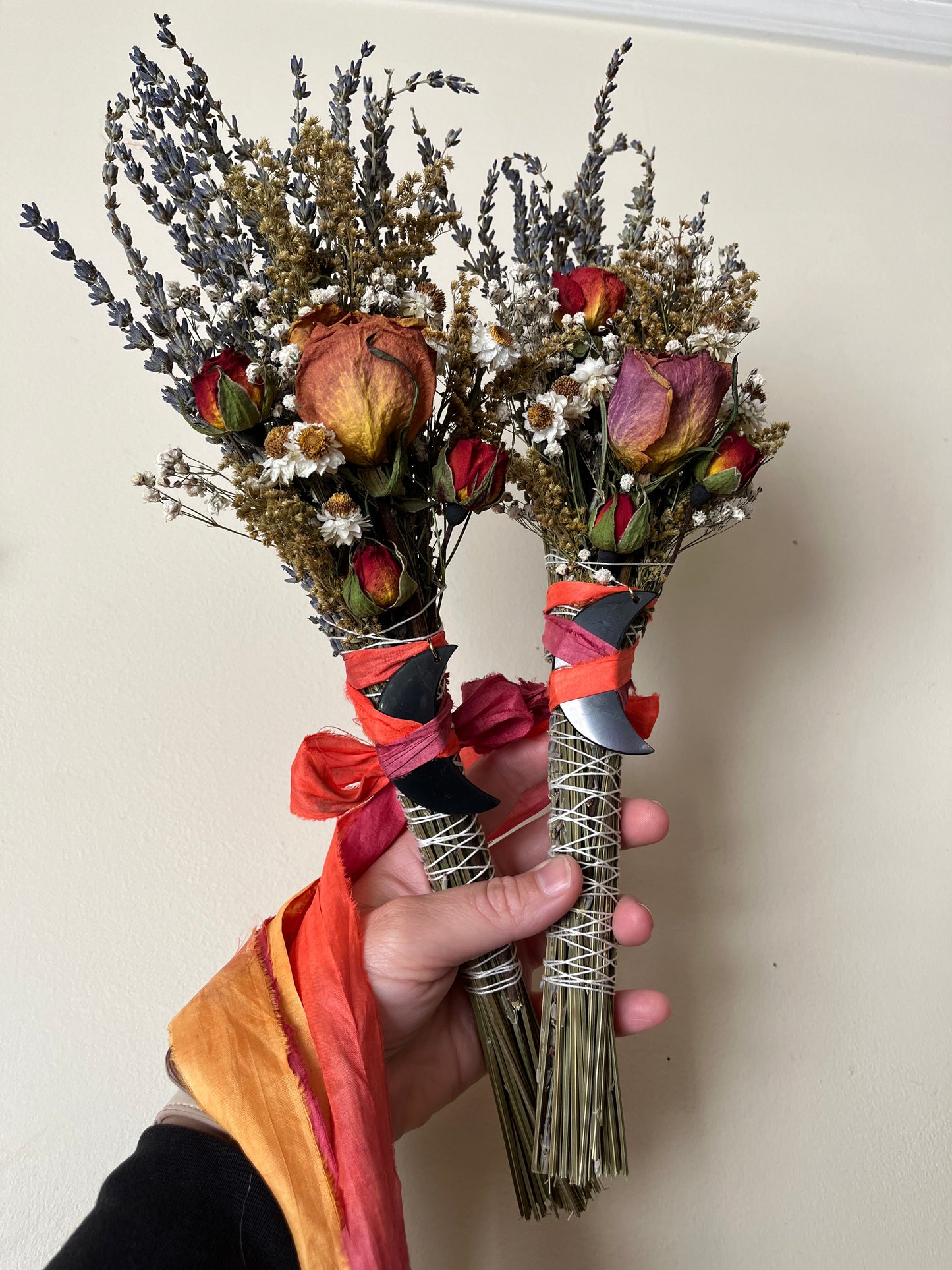 Protection & Love Smudge Bouquet β Dried Lavender, Roses and Marigolds with Shungite Moon Pendant | Grounding Self-Care Gift