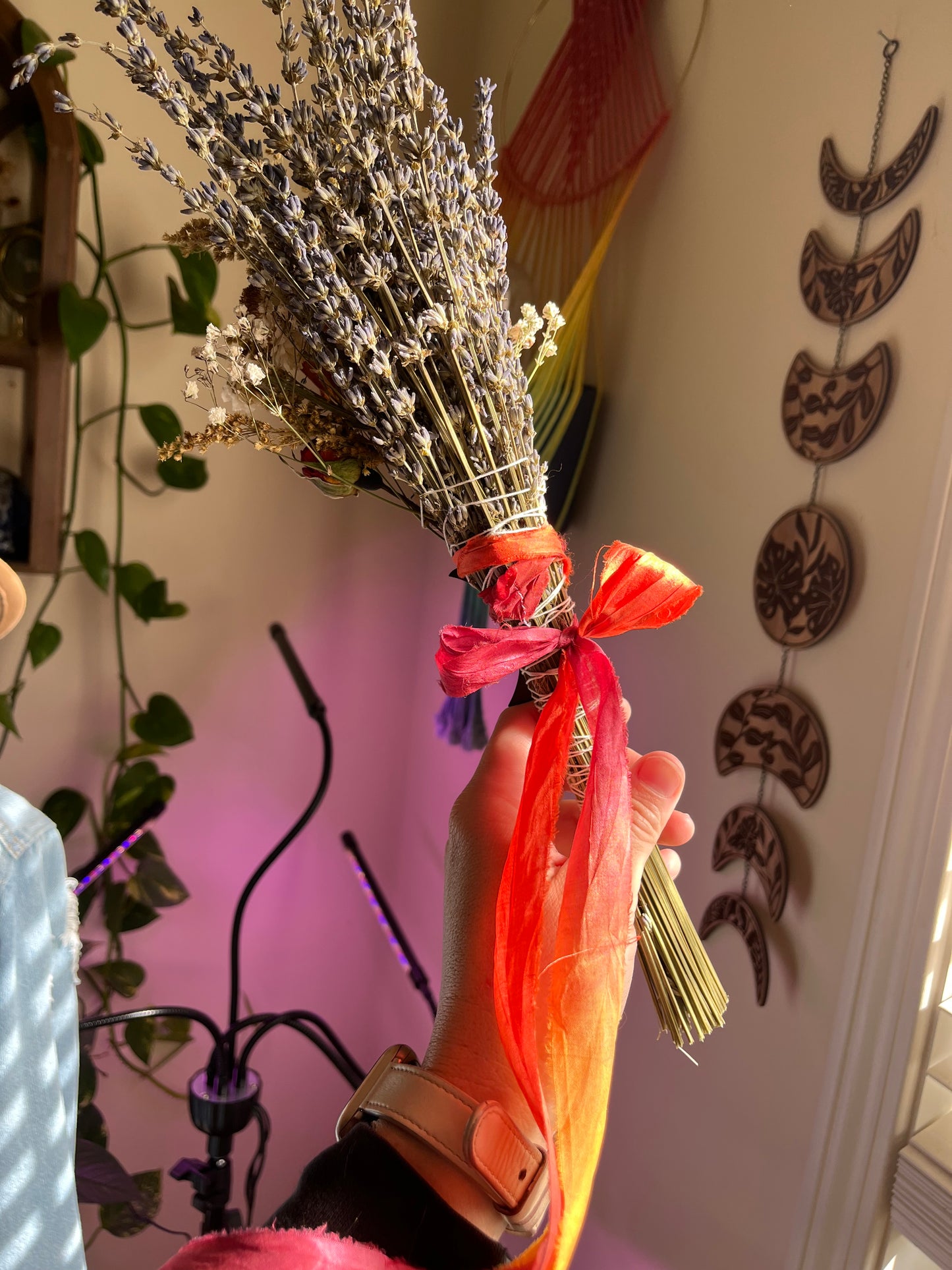 Protection & Love Smudge Bouquet β Dried Lavender, Roses and Marigolds with Shungite Moon Pendant | Grounding Self-Care Gift