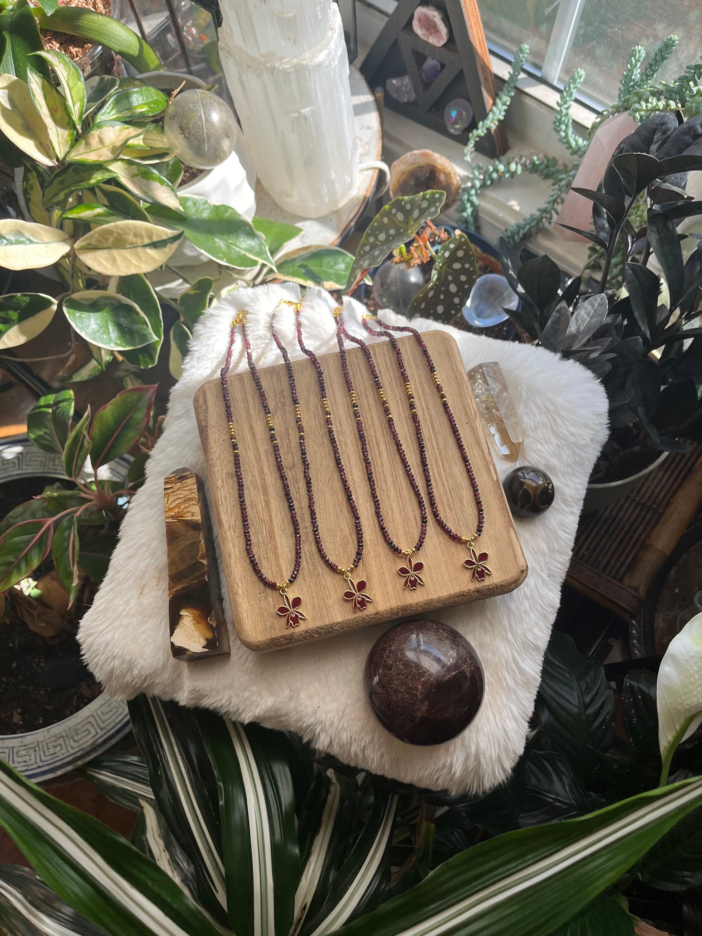 Garnet Orchid Necklace in Deep Red and Gold