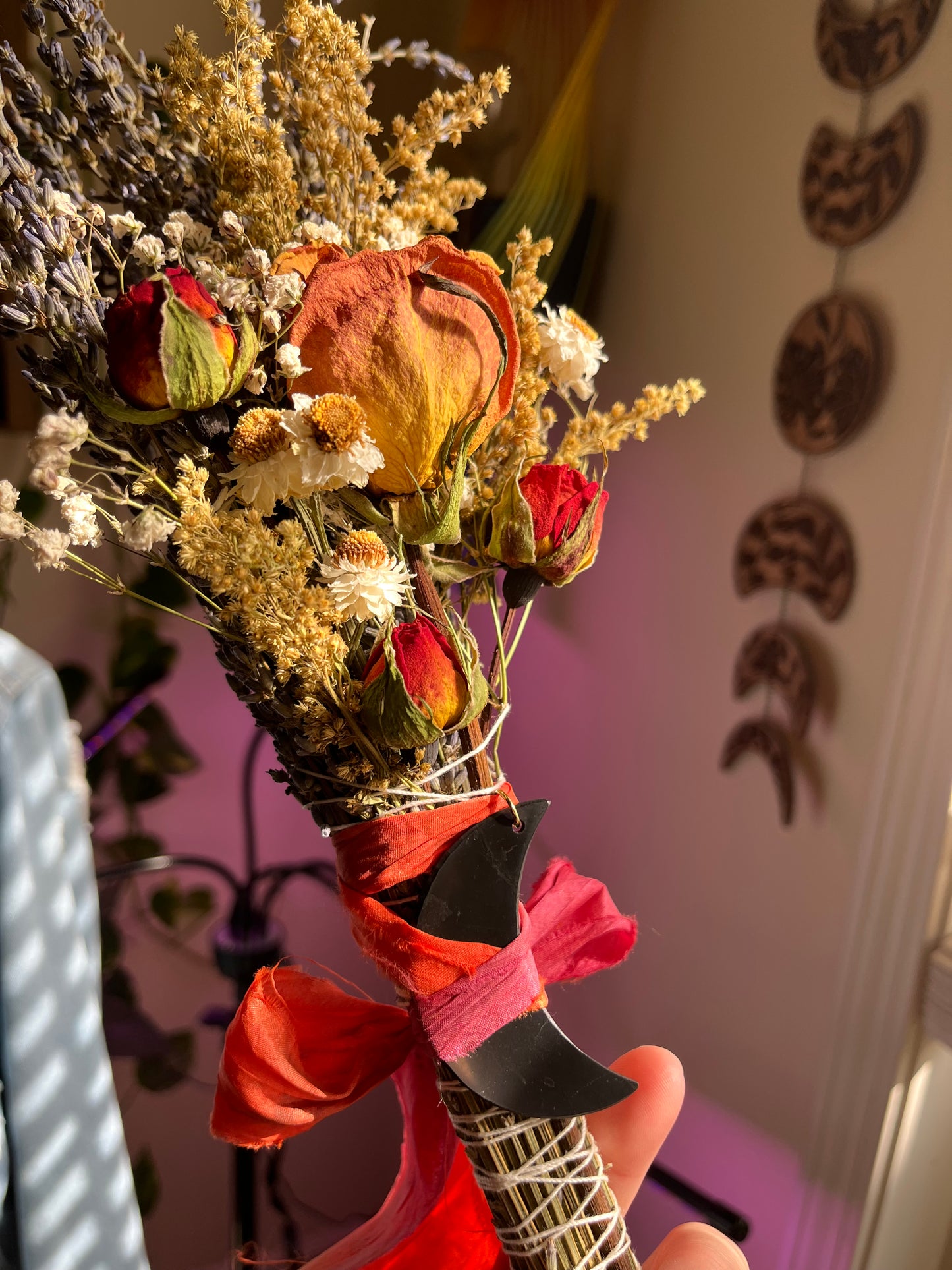 Protection & Love Smudge Bouquet β Dried Lavender, Roses and Marigolds with Shungite Moon Pendant | Grounding Self-Care Gift