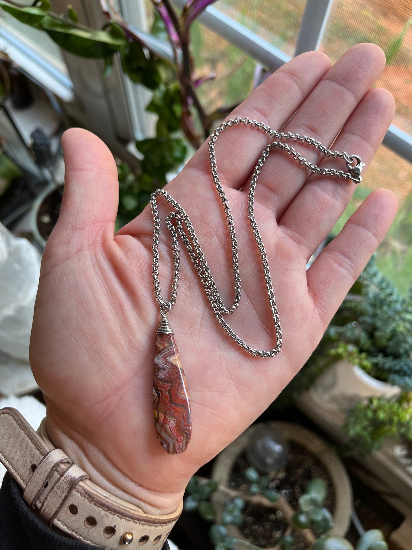 Crazy Lace Agate Healing Pendant on Stainless Steel/18k Chain – Optimism, Joy & Balance Talisman Gift with Ritual Packaging