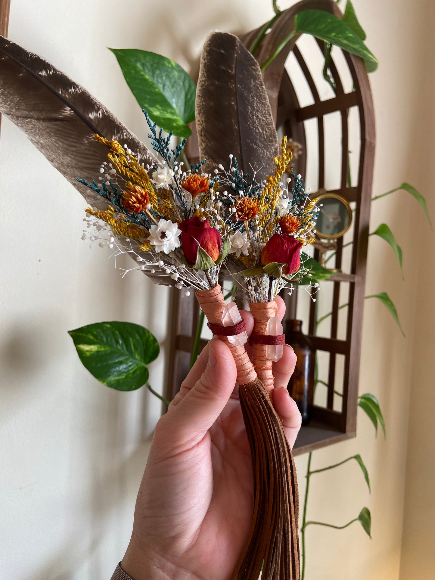 Vegan Leather Turkey feather wand with quartz handle ๐