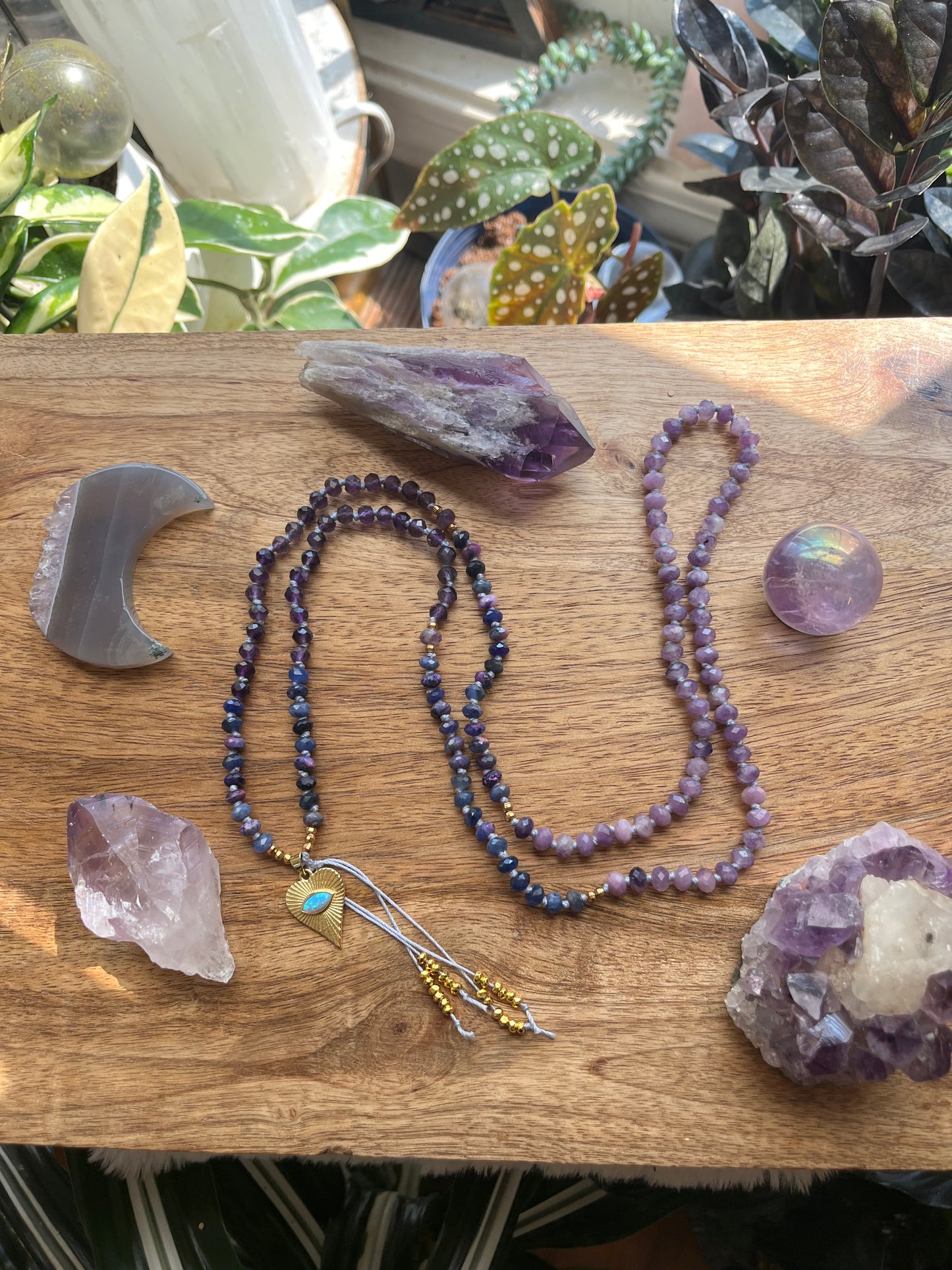 Amethyst, Sugilite, Lepiodlite, mala beads, prayer beads, spirit beads, mala necklace, rondelle mala necklace