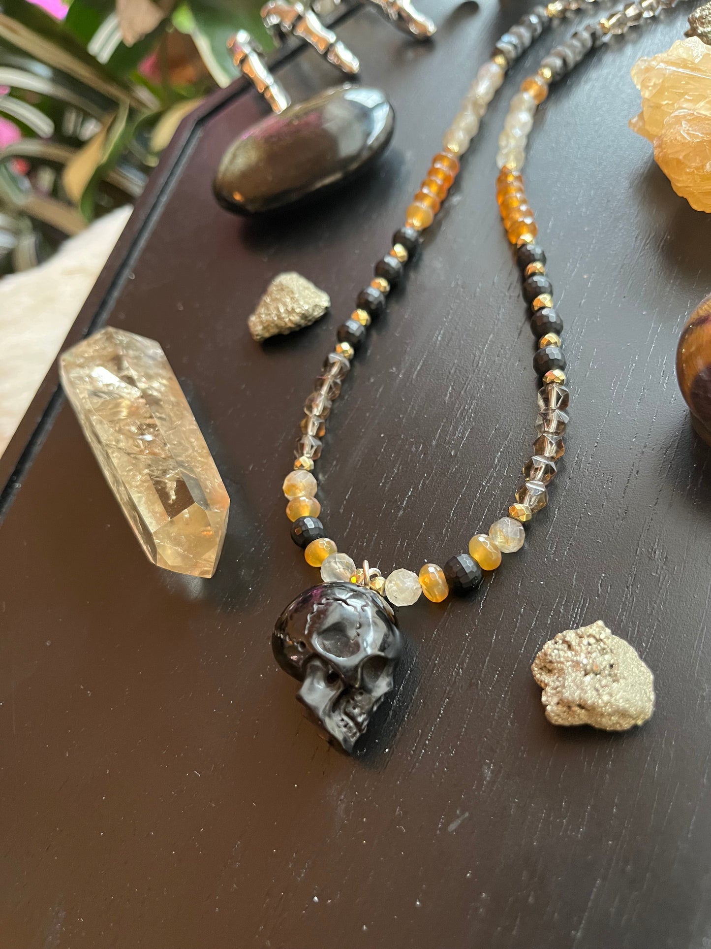 Beaded Skull Necklace – Gemstone Bead Choker with Pyrite Accents, Gothic Witchy Jewelry, Dark Boho Statement Necklace, Crystal Protection Gift for Her