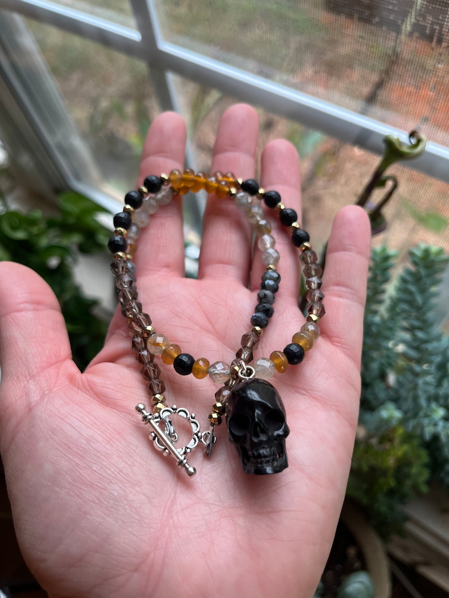 Beaded Skull Necklace – Gemstone Bead Choker with Pyrite Accents, Gothic Witchy Jewelry, Dark Boho Statement Necklace, Crystal Protection Gift for Her