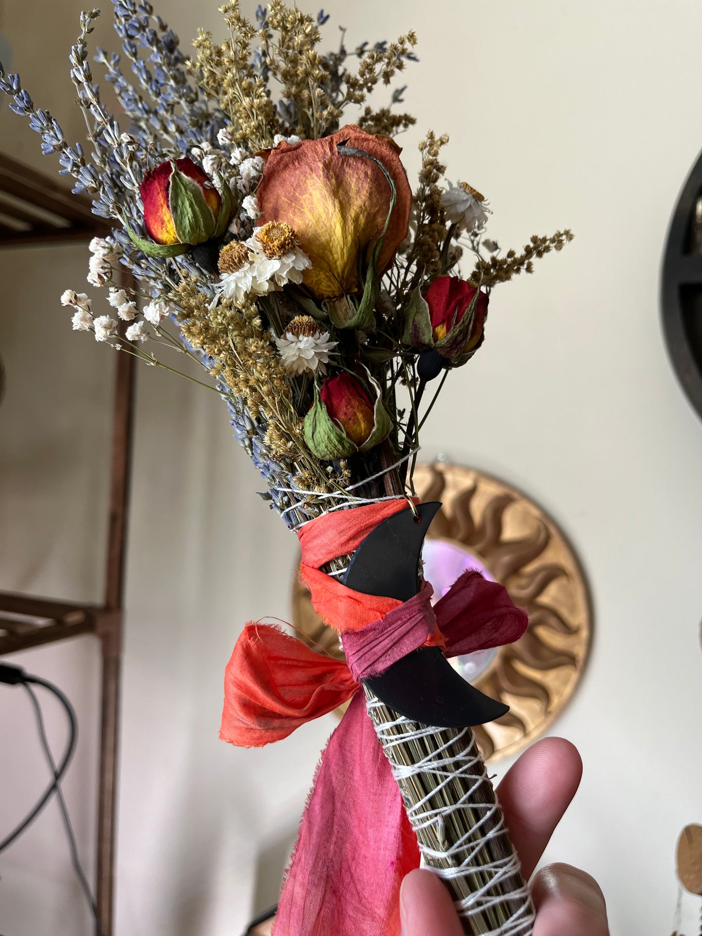 Protection & Love Smudge Bouquet β Dried Lavender, Roses and Marigolds with Shungite Moon Pendant | Grounding Self-Care Gift