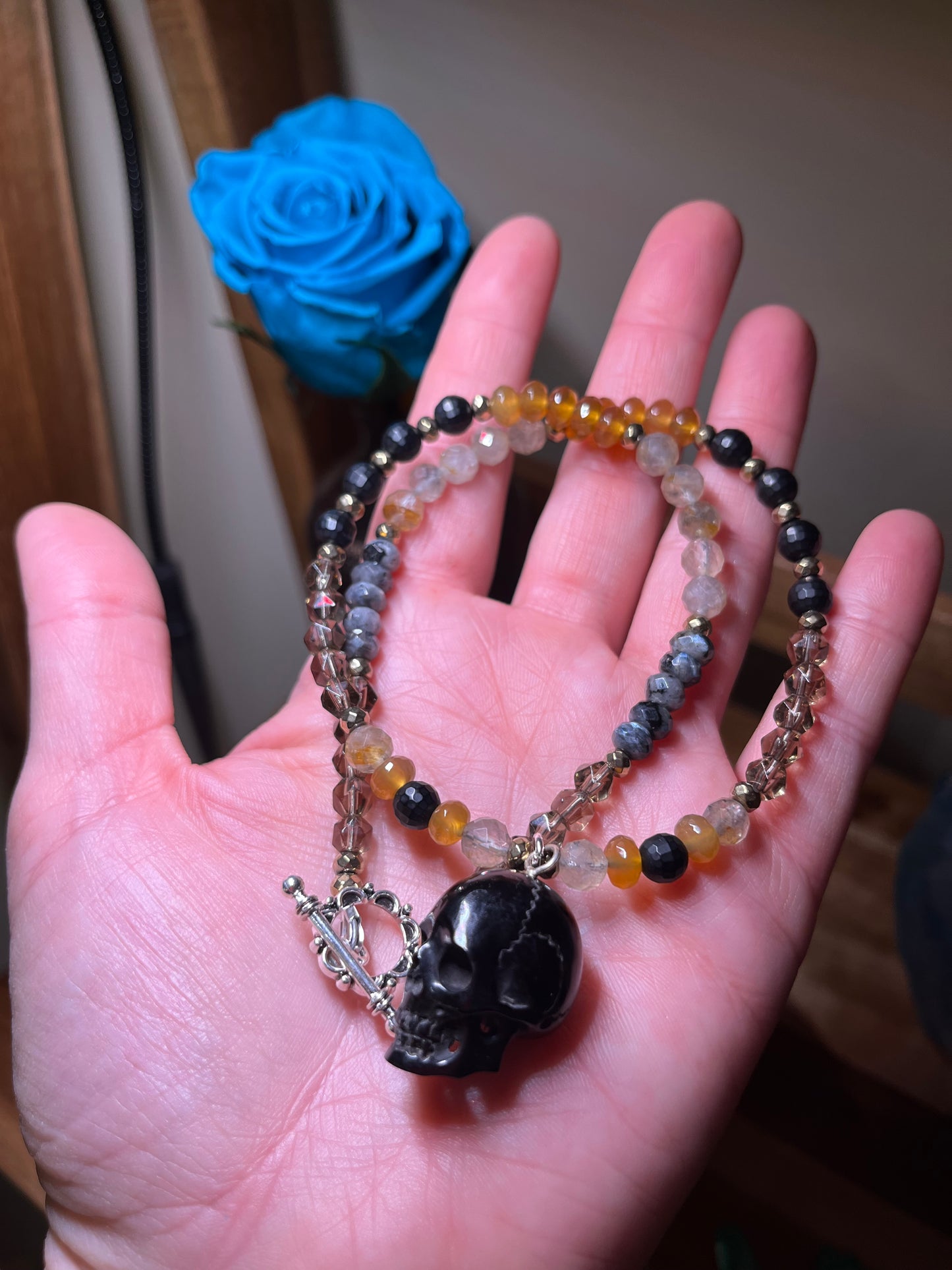 Beaded Skull Necklace – Gemstone Bead Choker with Pyrite Accents, Gothic Witchy Jewelry, Dark Boho Statement Necklace, Crystal Protection Gift for Her