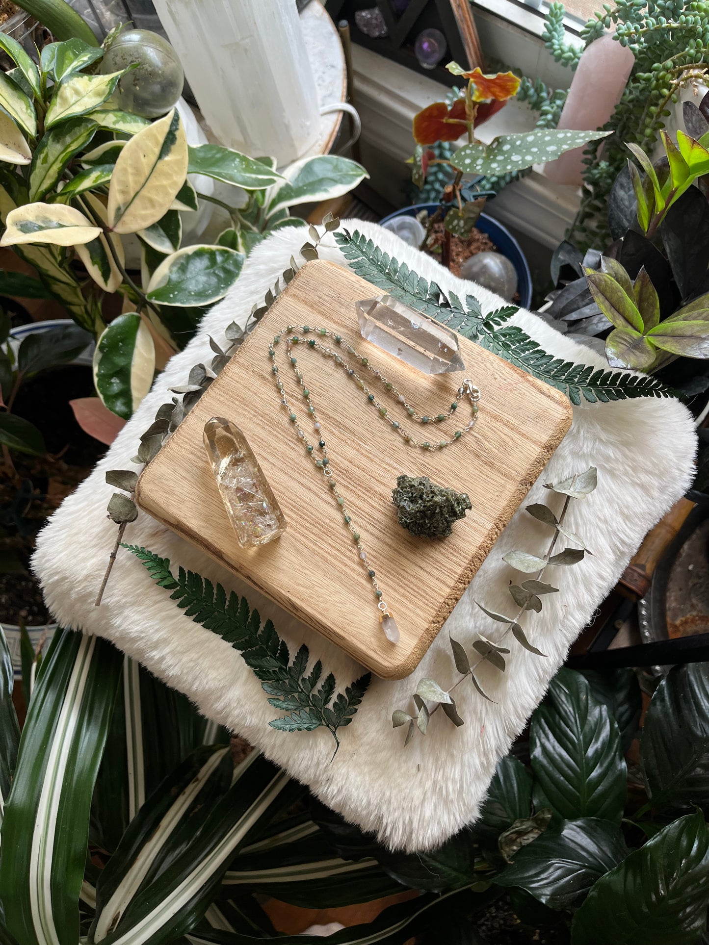 Moss Agate Lariat Necklace, Beaded Gemstone Chain, Quartz Gemstone, Grounding jewelry