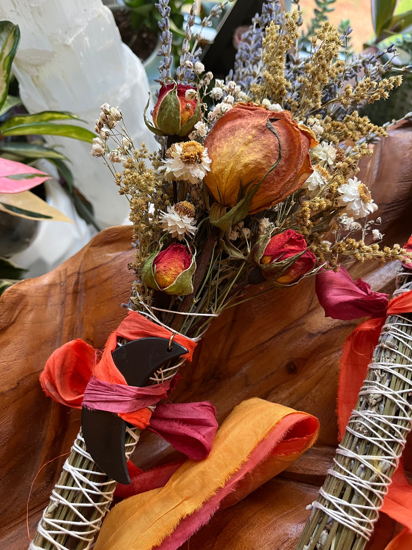 Protection & Love Smudge Bouquet β Dried Lavender, Roses and Marigolds with Shungite Moon Pendant | Grounding Self-Care Gift