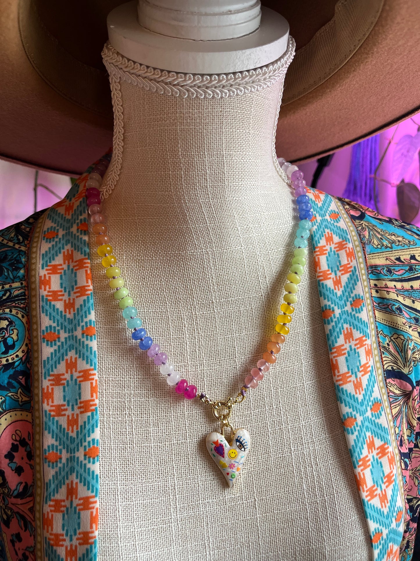 Rainbow Baby, Rainbow Jade Bead Choker, Gold Filled Clasp, Enamel Charm