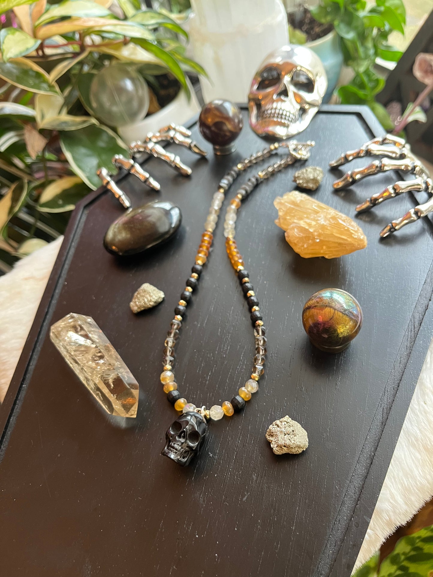 Beaded Skull Necklace – Gemstone Bead Choker with Pyrite Accents, Gothic Witchy Jewelry, Dark Boho Statement Necklace, Crystal Protection Gift for Her