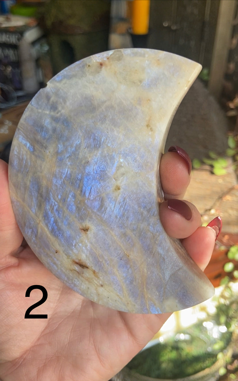 Carved Moonstone and Sunstone (Belomorite) with stand