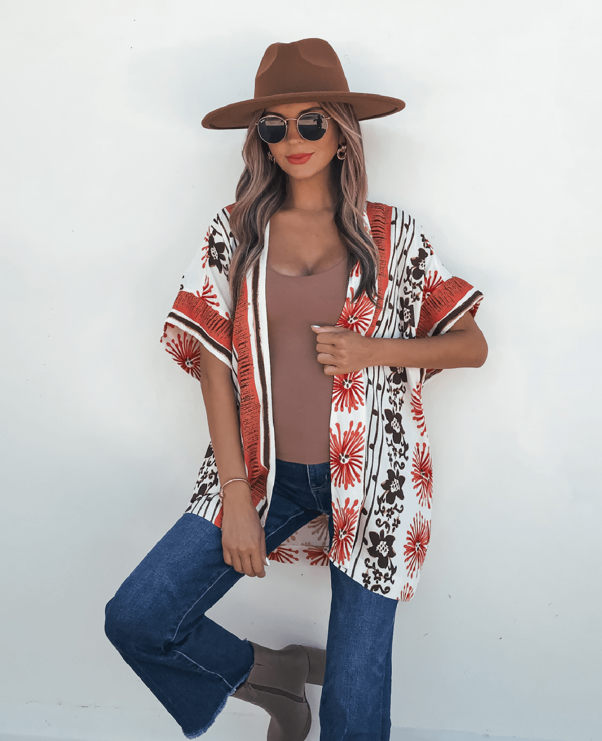Jolene Multi Red Border Print Kimono Top
