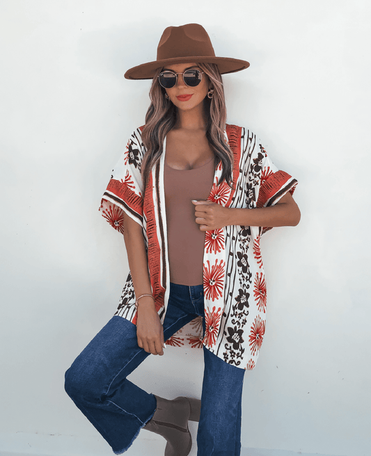 Jolene Multi Red Border Print Kimono Top