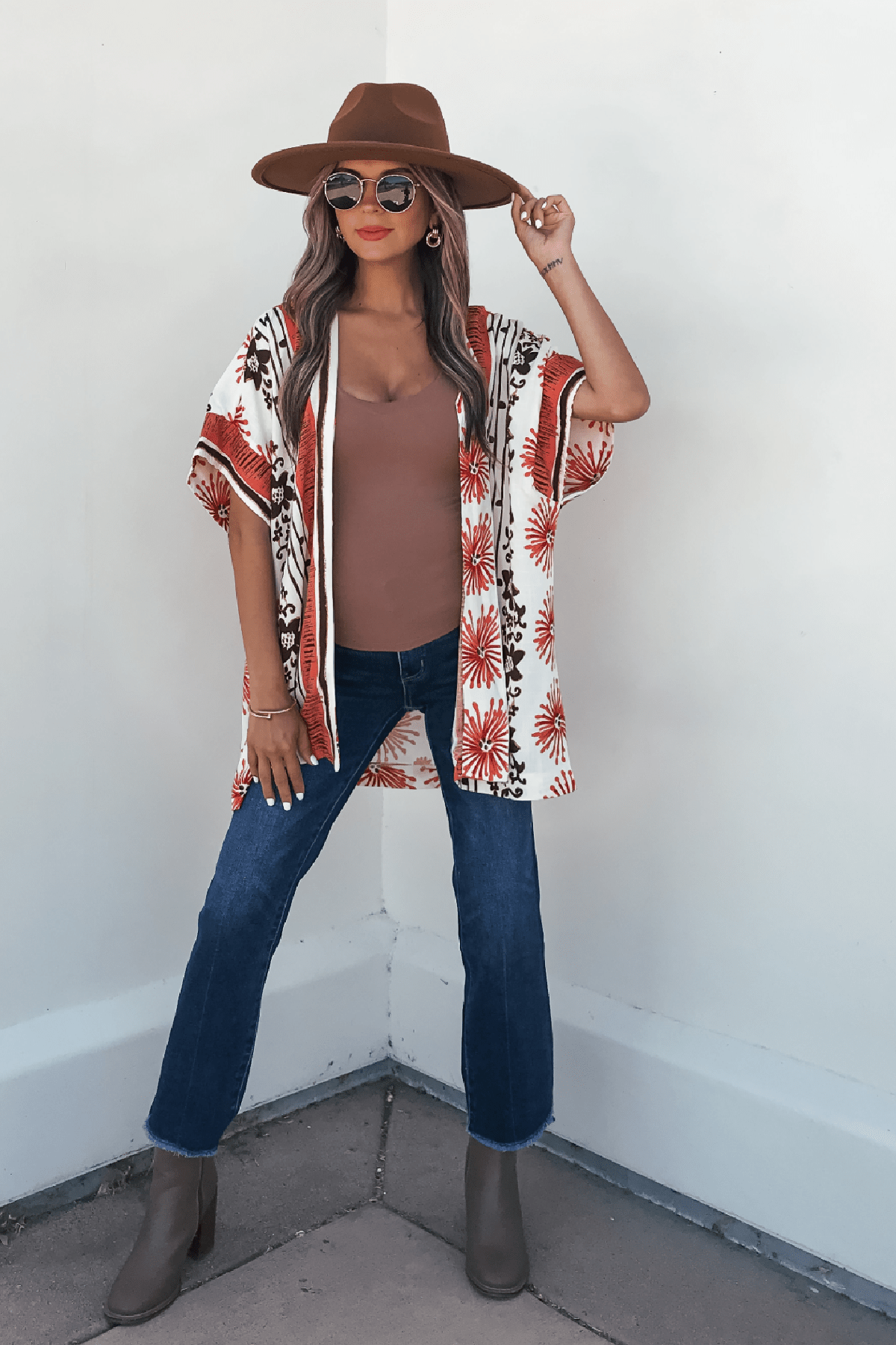 Jolene Multi Red Border Print Kimono Top