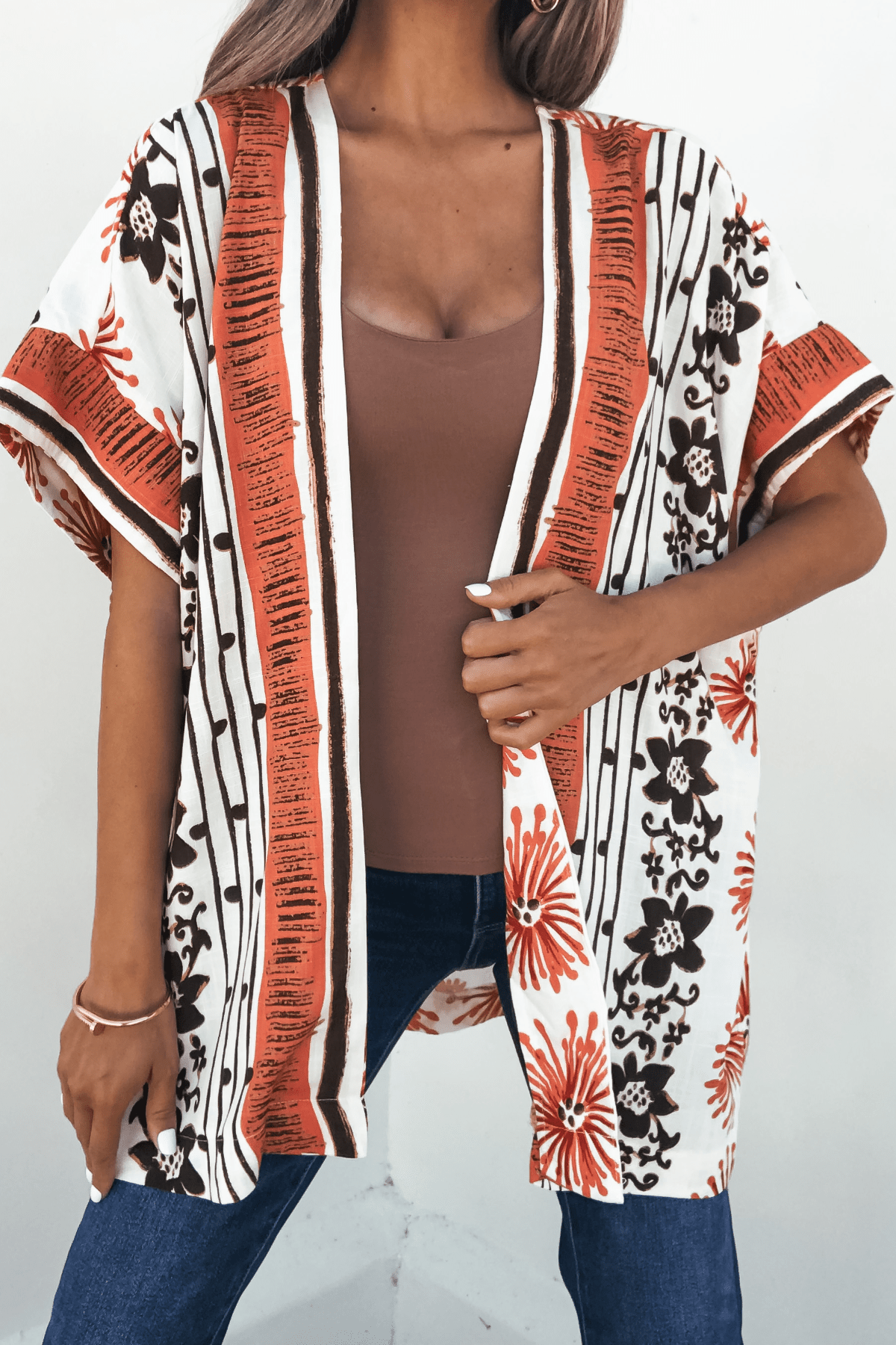 Jolene Multi Red Border Print Kimono Top