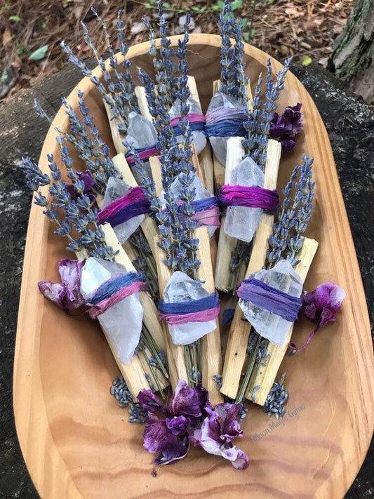 smudge stick, bridesmaid gift, palo santo sticks, lavender, clear quartz, cruelty free, altar tools, meditation, self care gifts