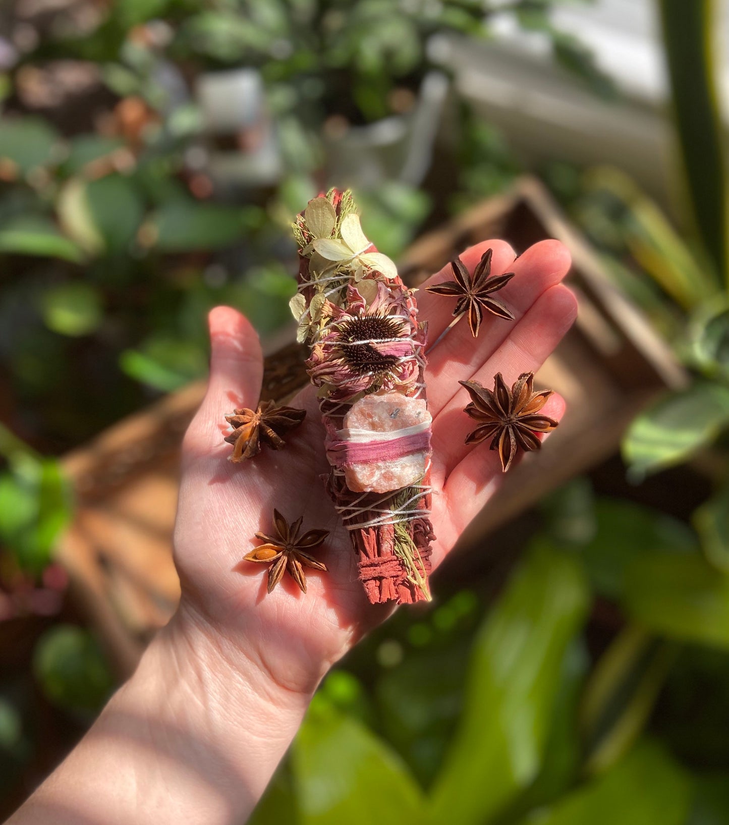 Fortunes, Blessing, smudge bundle, Dragons Blood, hydrangea, dill, sunstone, echinacea, meditation, cruelty free, sage stick, smudge