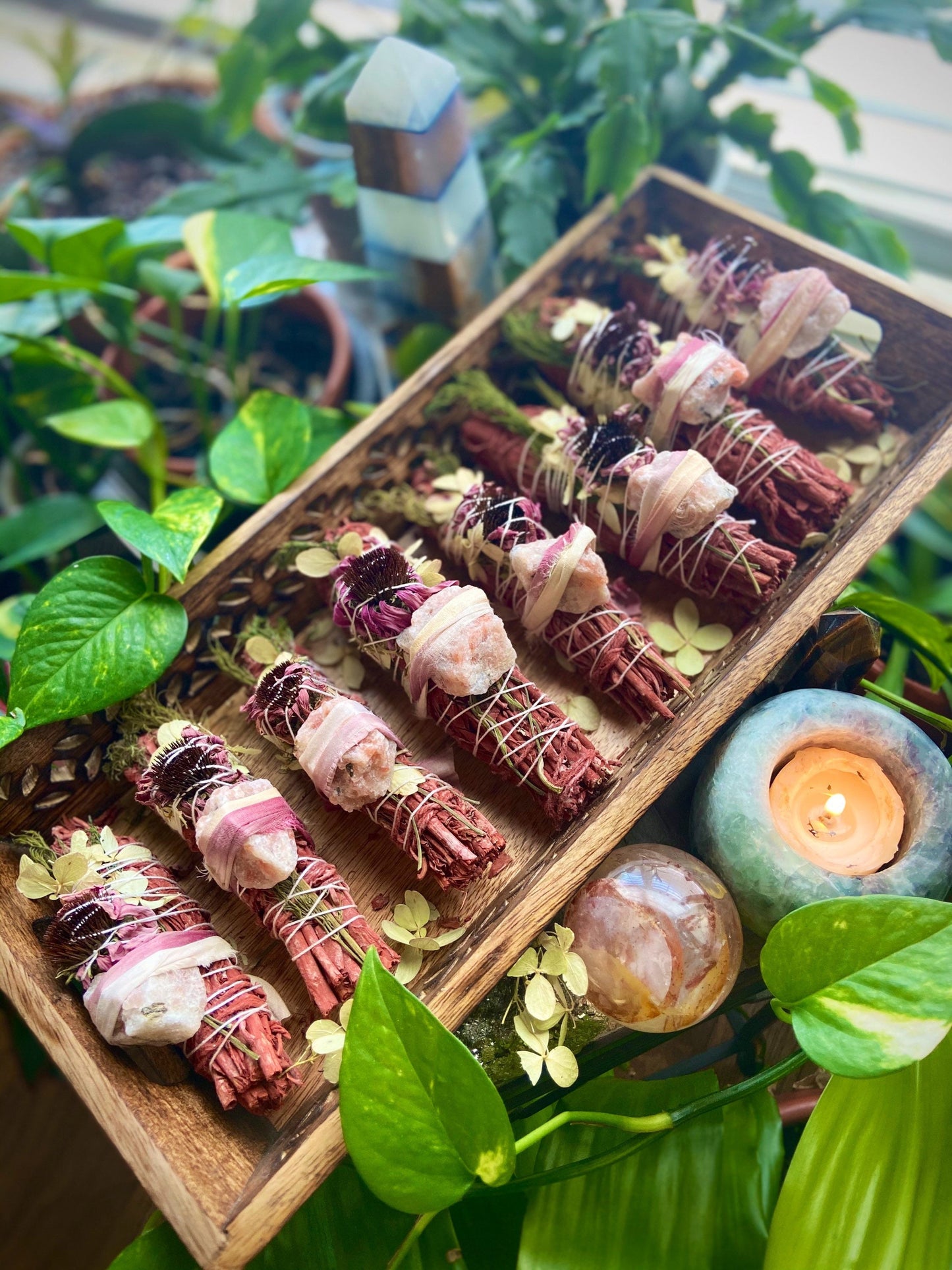 Fortunes, Blessing, smudge bundle, Dragons Blood, hydrangea, dill, sunstone, echinacea, meditation, cruelty free, sage stick, smudge