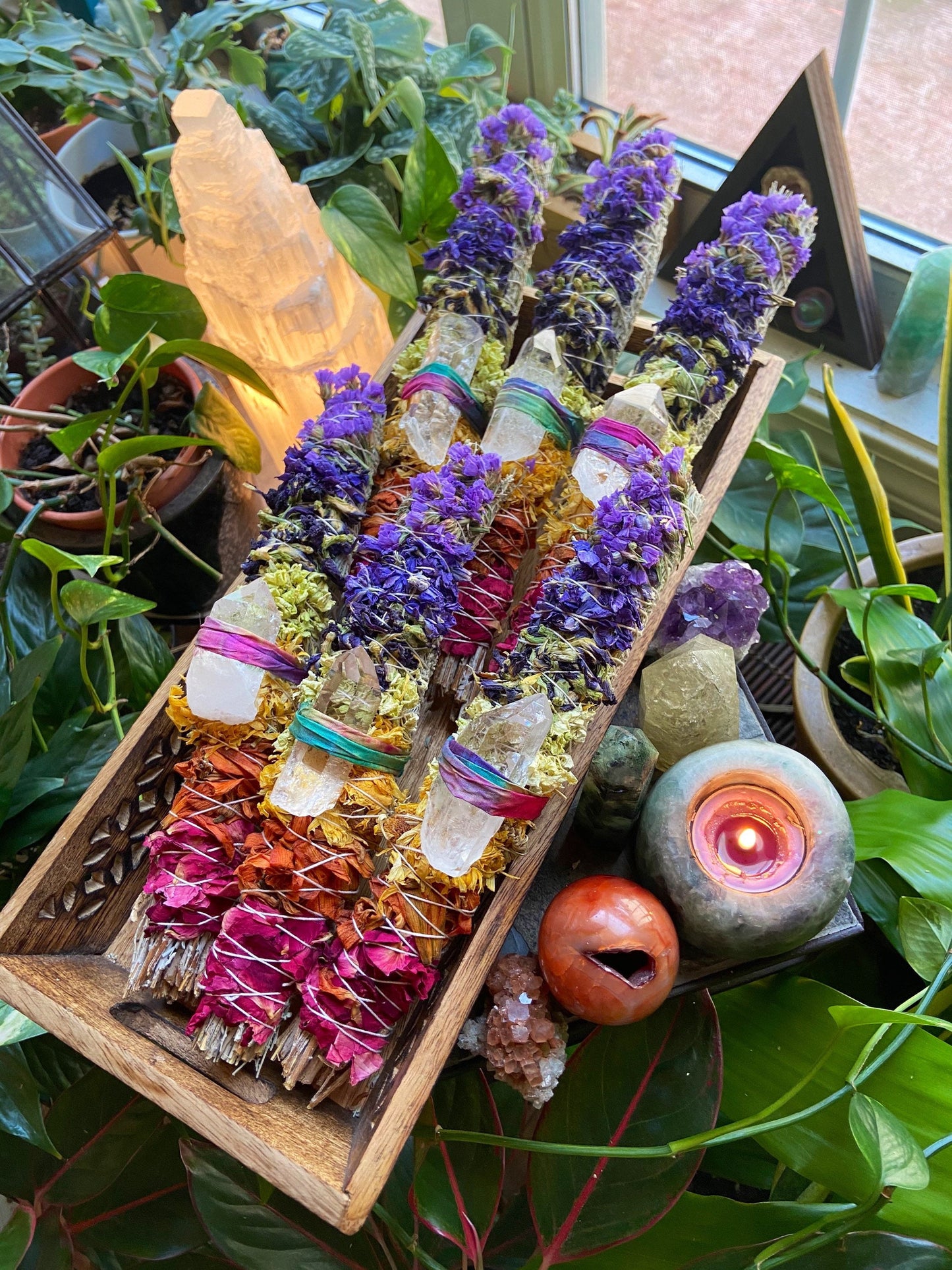 Rainbow bundle, chakra sage, rainbow sage, crystal sage wand, meditation altar, handmade sage bundle, meditation, large sage wand