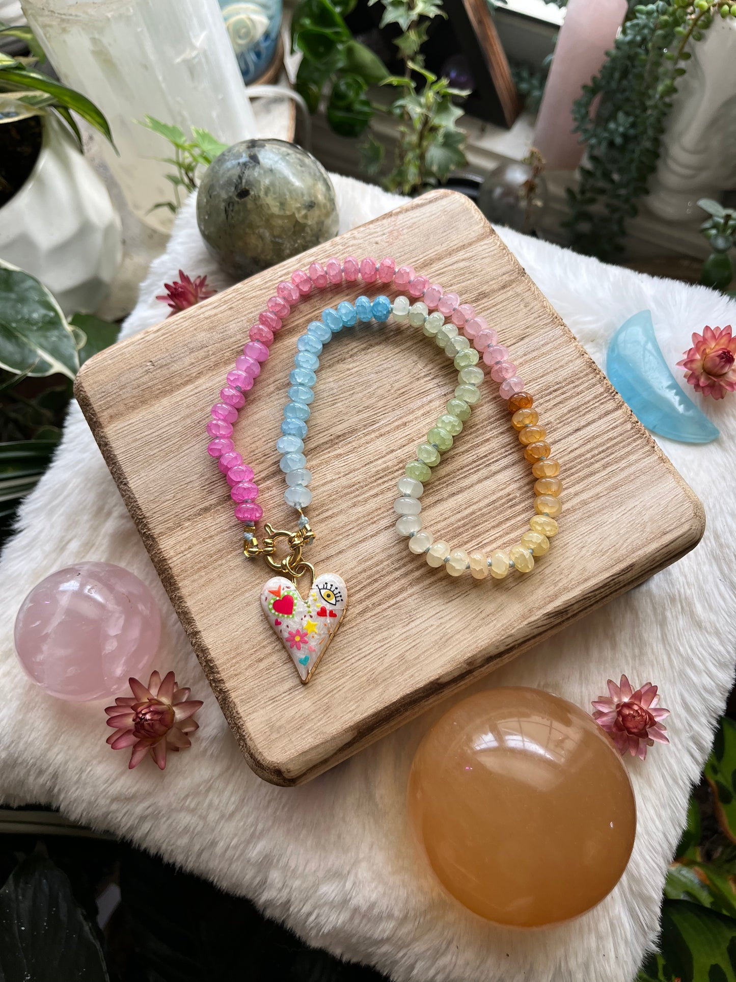 Pastel Daydream, Pastel Jade Gemstone Choker, Gold Filled Clasp, Enamel Charm