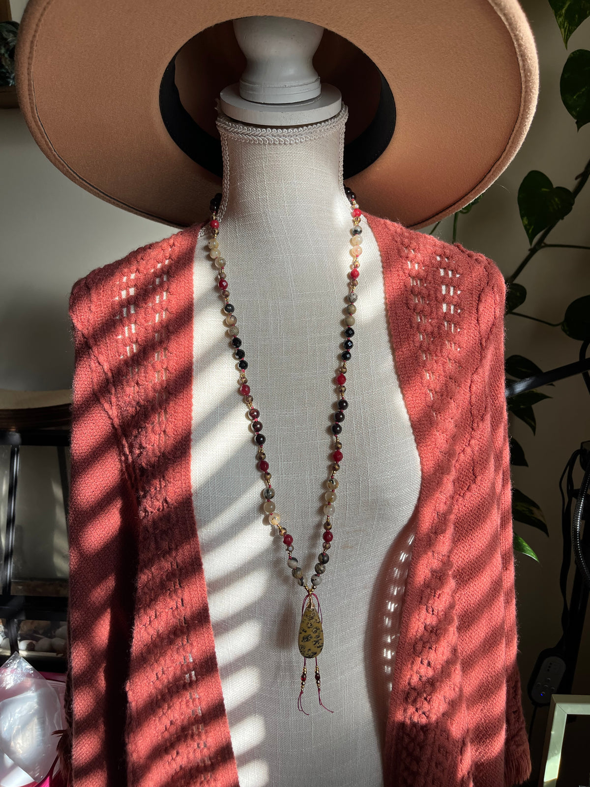 Handmade Leopard Jasper Mala Necklace | Onyx, Coral, Rutile Quartz Beads (Vintage Style)