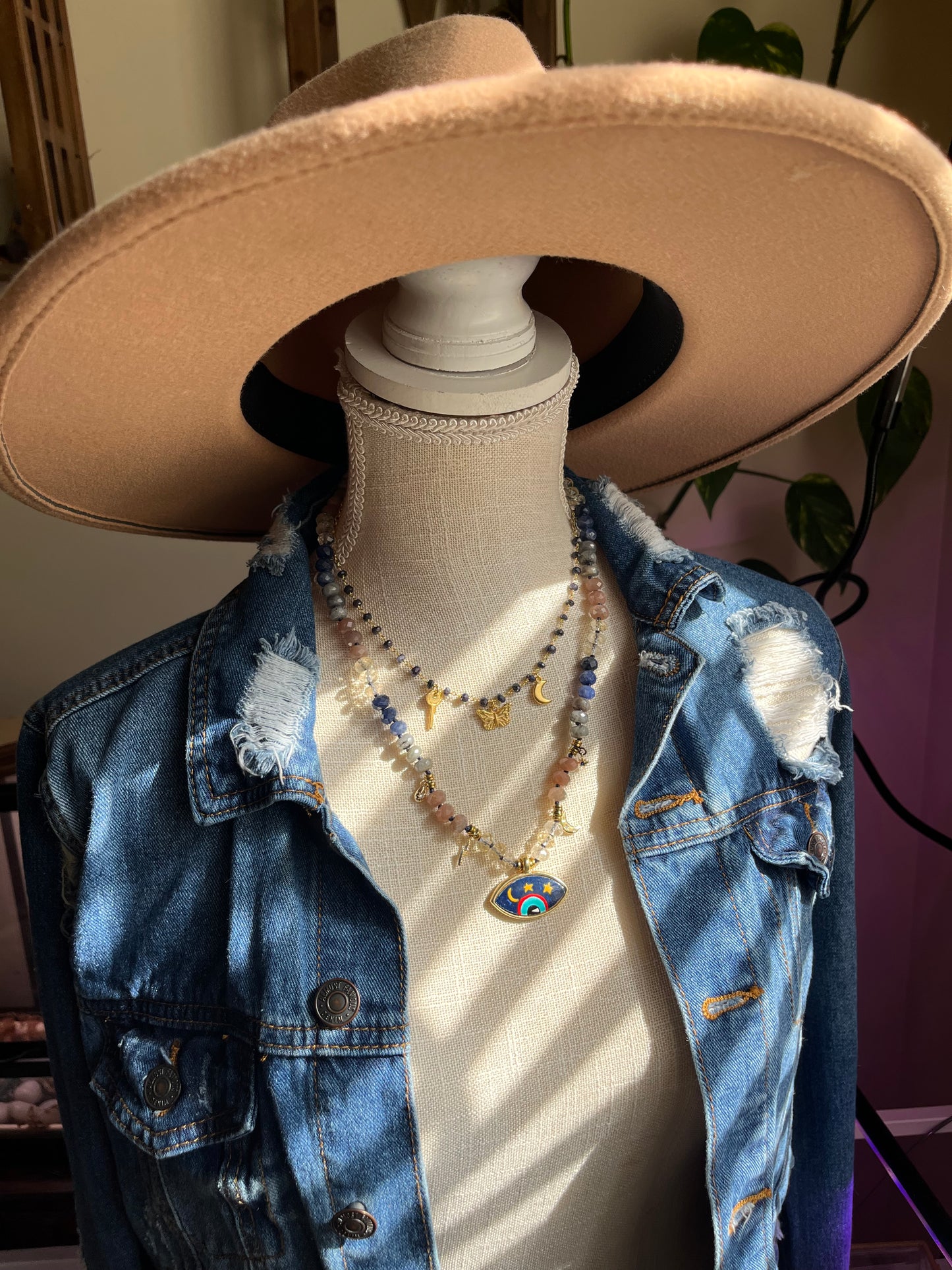Sapphire & Gold Charm Necklace — Key, Moon & Butterfly