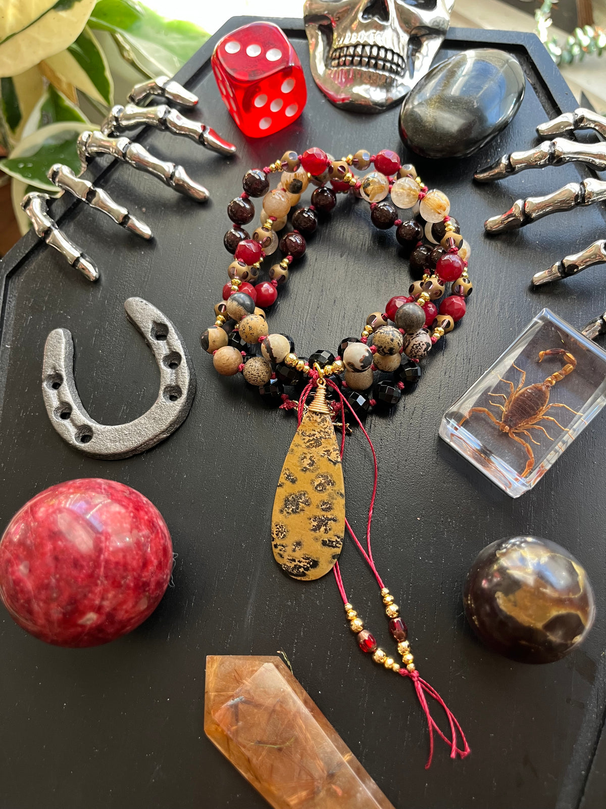Handmade Leopard Jasper Mala Necklace | Onyx, Coral, Rutile Quartz Beads (Vintage Style)