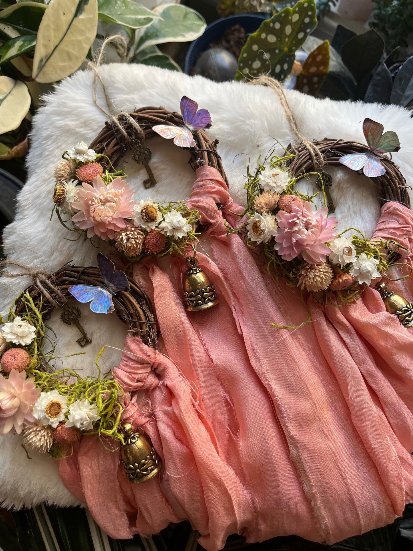 Butterfly Fairy Blessing Bells, Wreath with Dried Florals, Roses, Key Charm