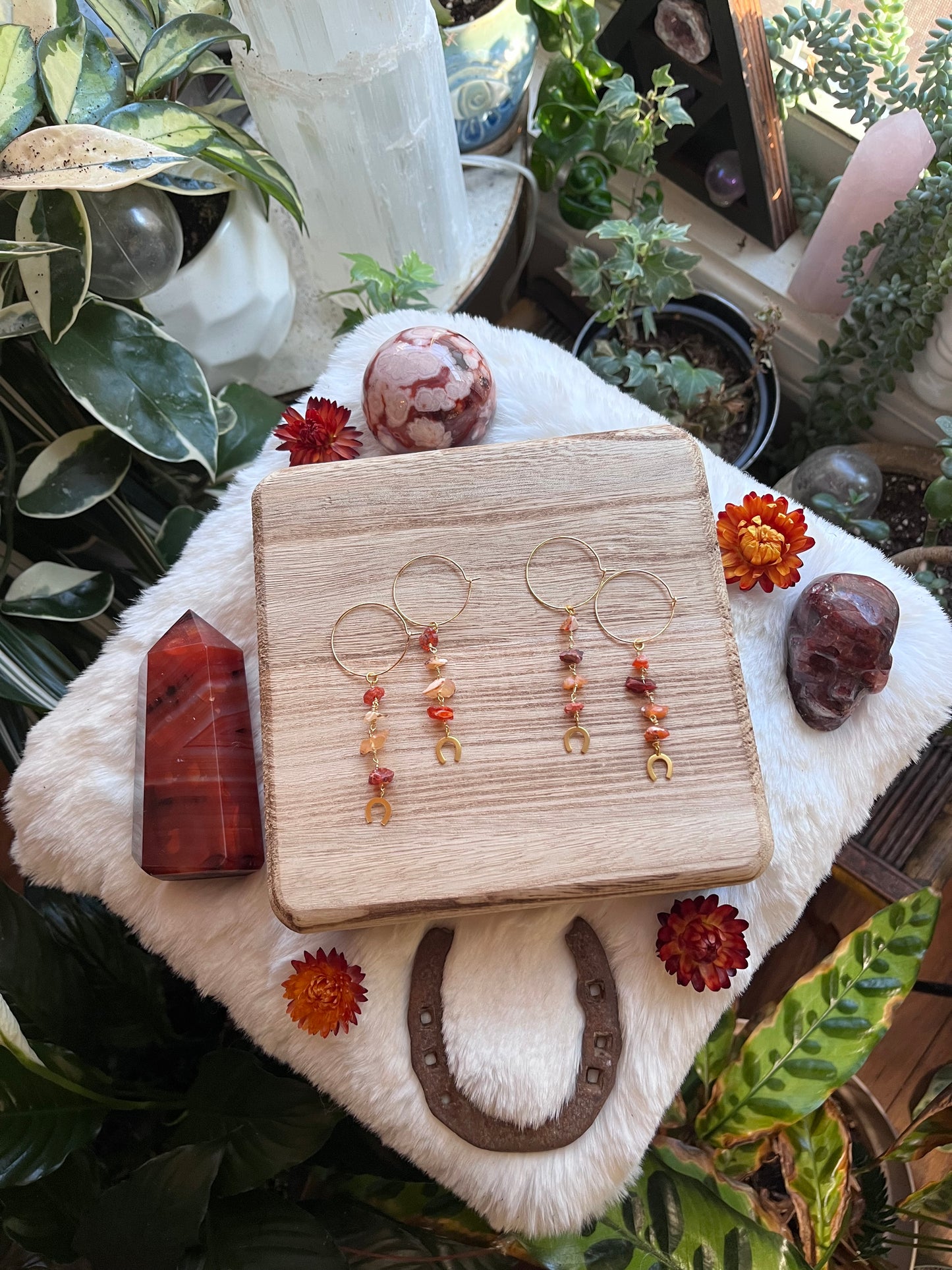 Fire Opal hoop earrings, Mexican Fire Opal, opal jewelry, lucky charm jewelry, horseshoe, horse girl, good luck charms, fire opal earrings