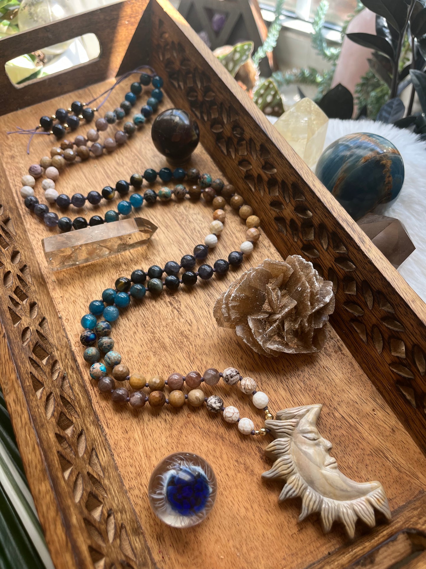 Sunkeeper Mala Necklace — Carved Jasper Sun Crescent