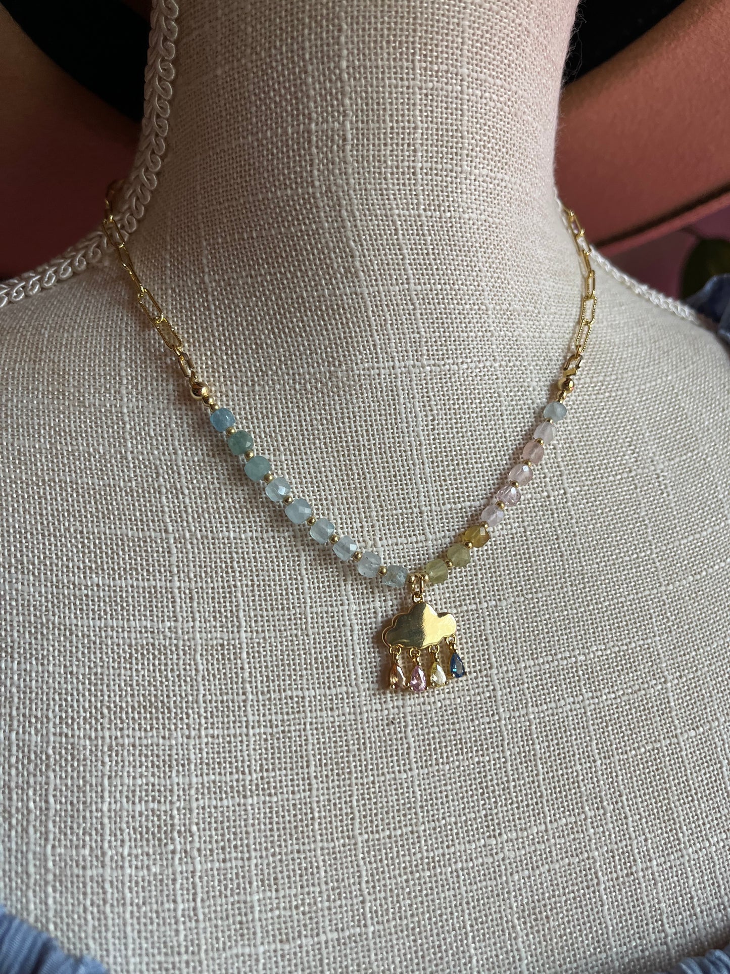 Rainbow Morganite Rain Charm Necklace in Gold Fill