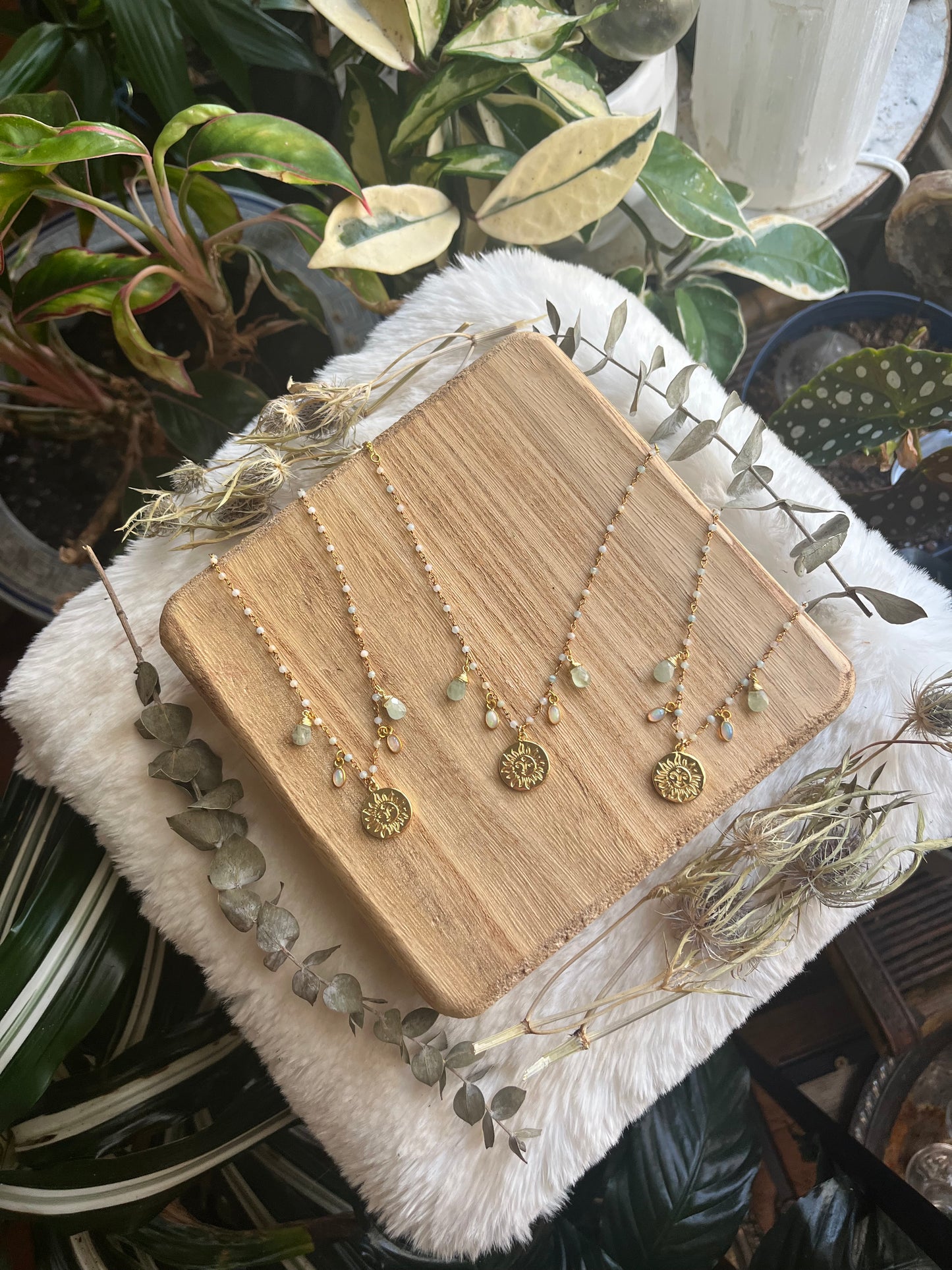 Opal & Aquamarine Sun Charm Necklace in Gold Fill