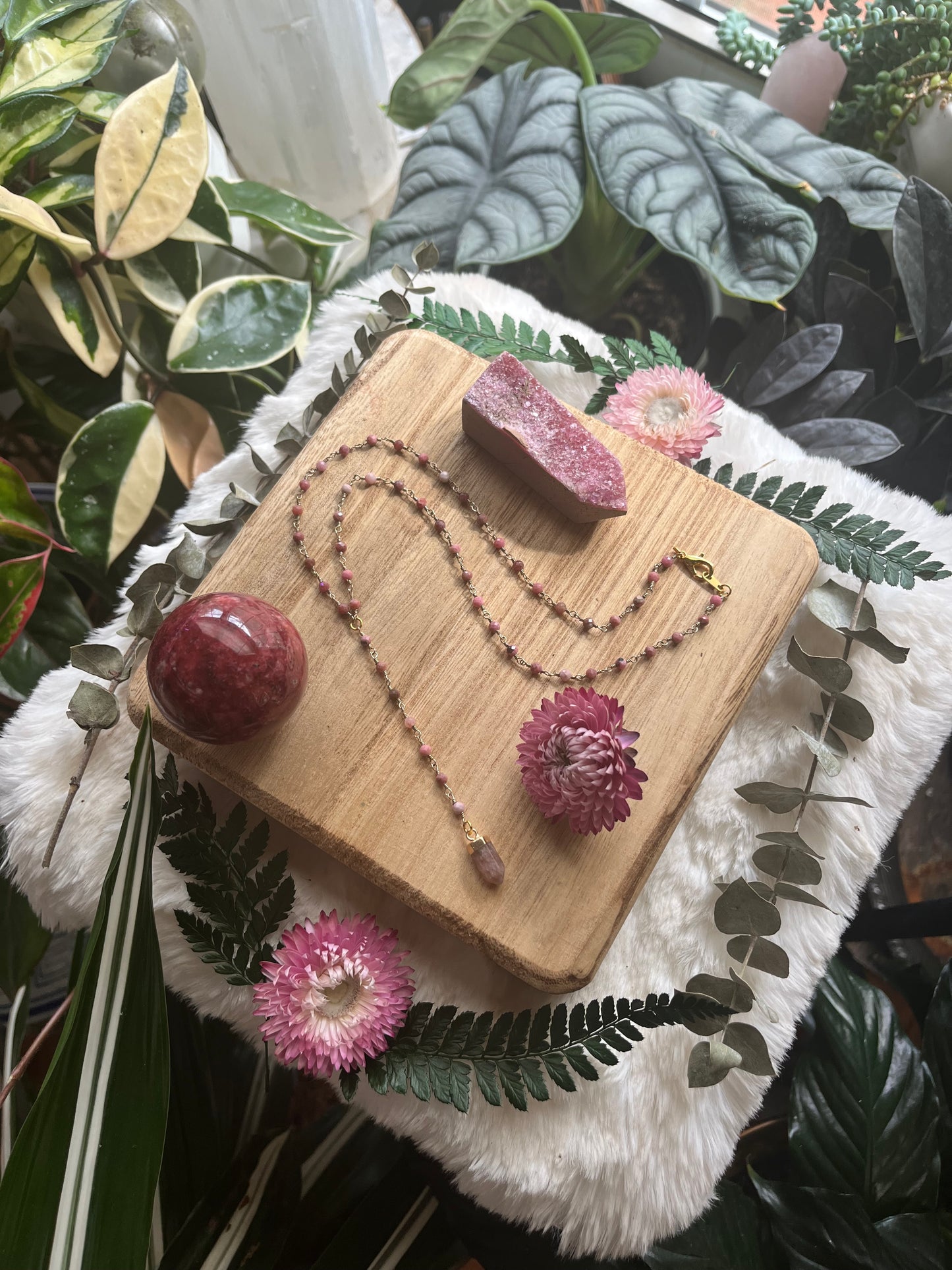 Strawberry Quartz & Rhodonite Y necklace
