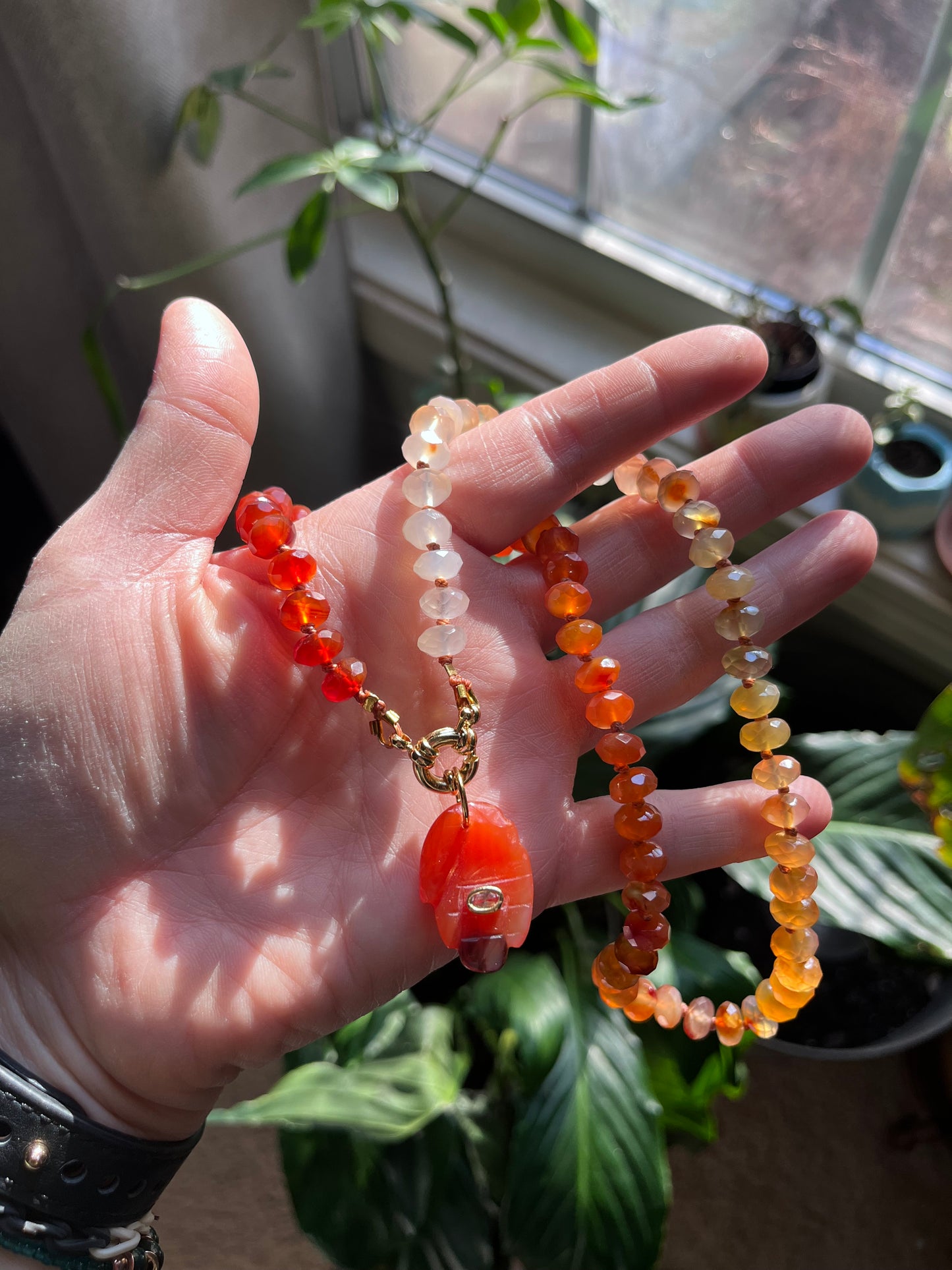 Hamsa necklace, “Fire Within” gem candy necklace, carnelian necklace, carnelian jewelry, knotted rondelle necklace, luxe gem necklace