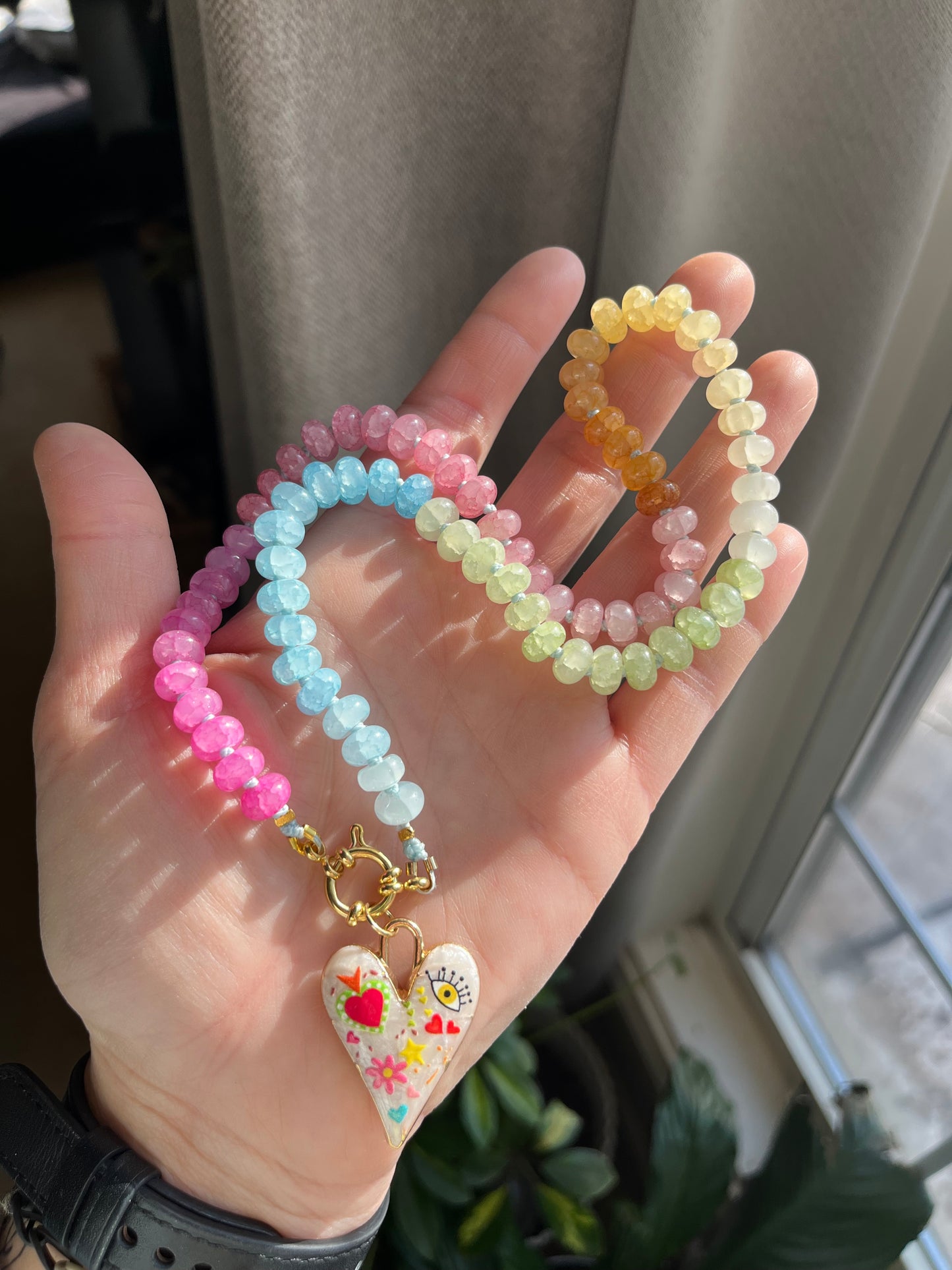 Pastel Daydream, Pastel Jade Gemstone Choker, Gold Filled Clasp, Enamel Charm