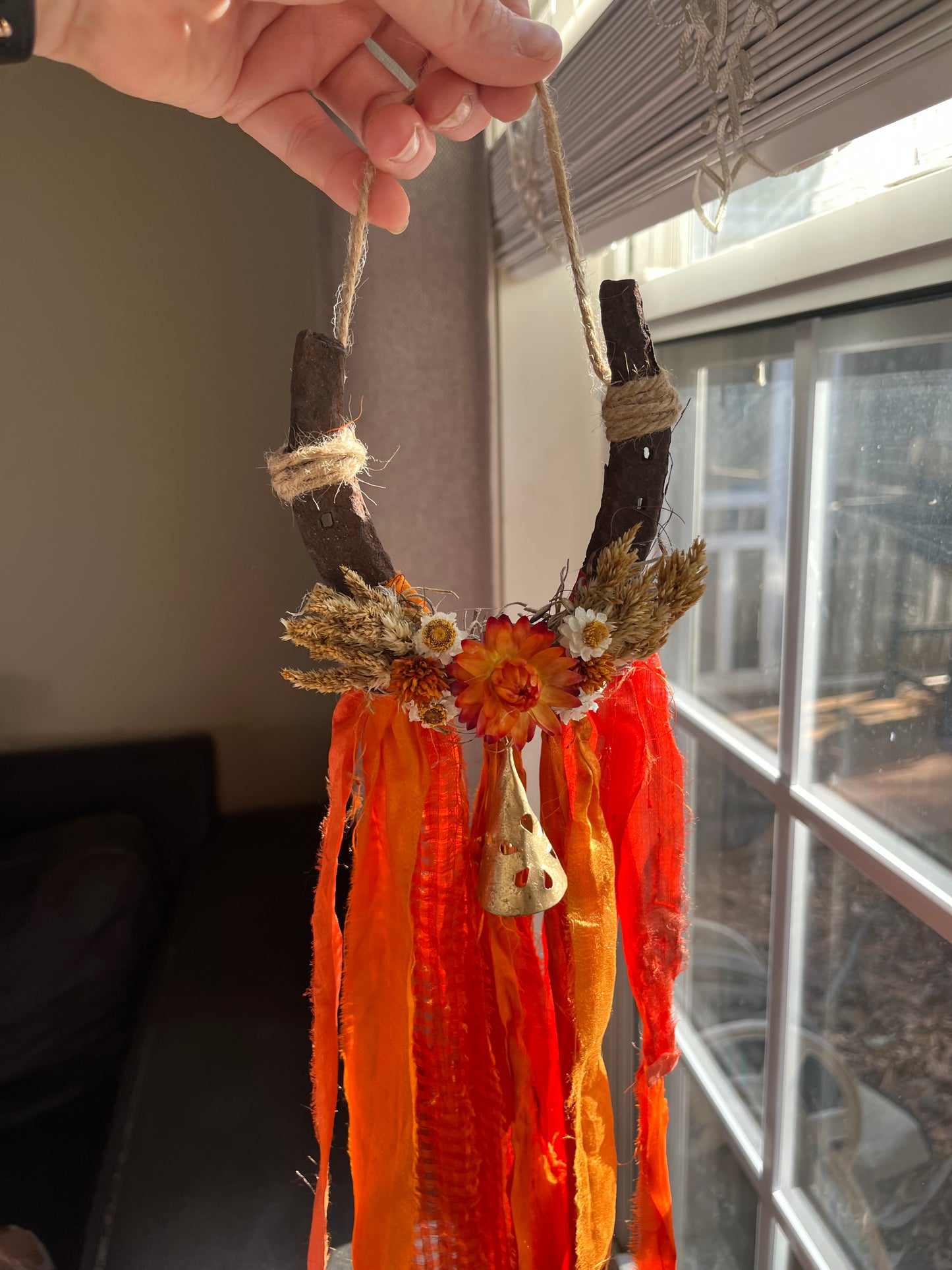 Fire Horse Lucky Horseshoe with flowers: Pagan Altar Decor