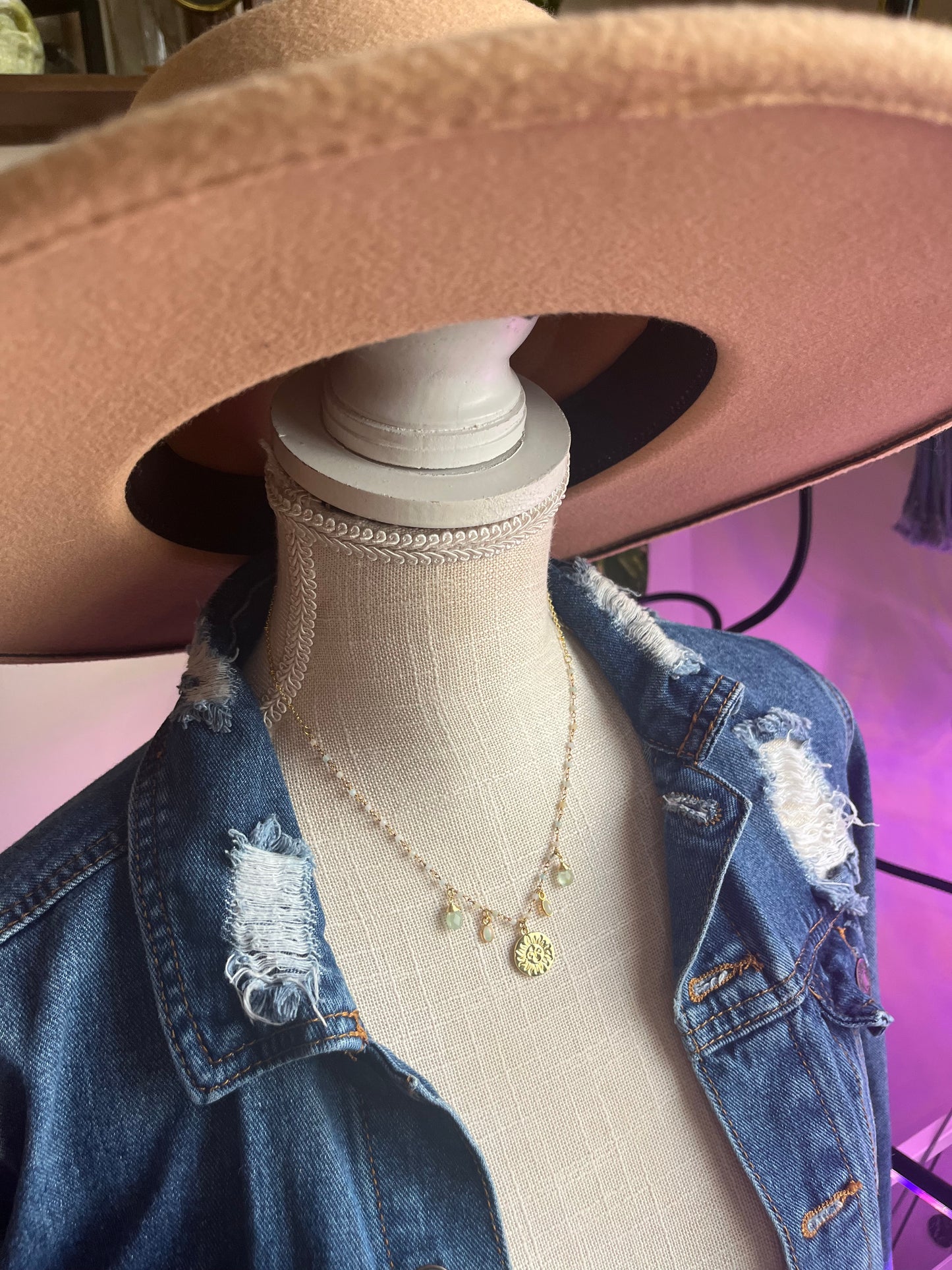 Opal & Aquamarine Sun Charm Necklace in Gold Fill