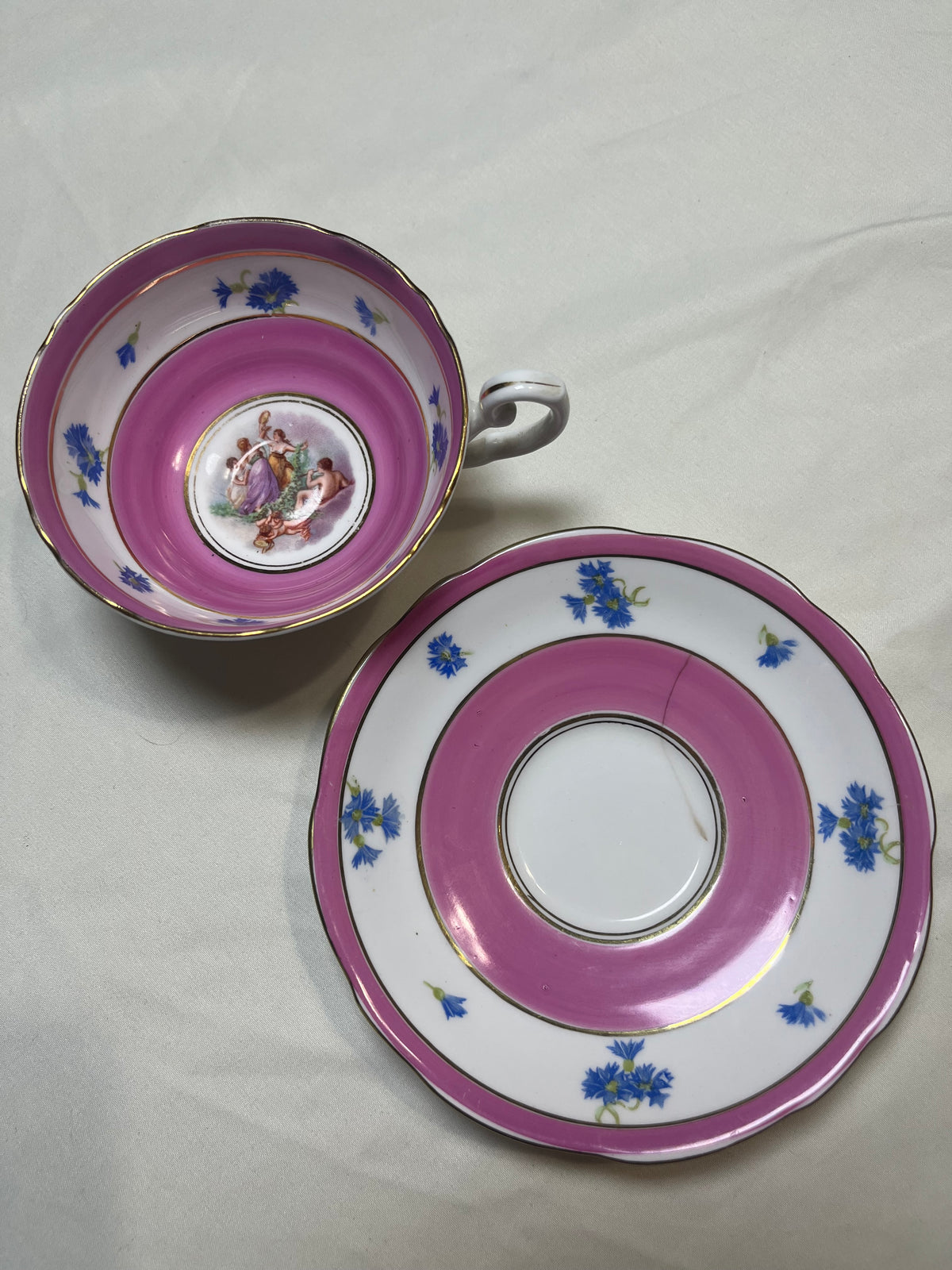Vintage Bone China Tea Cup & Saucer Set England Pink Floral Blue 1900s ADDERLY
