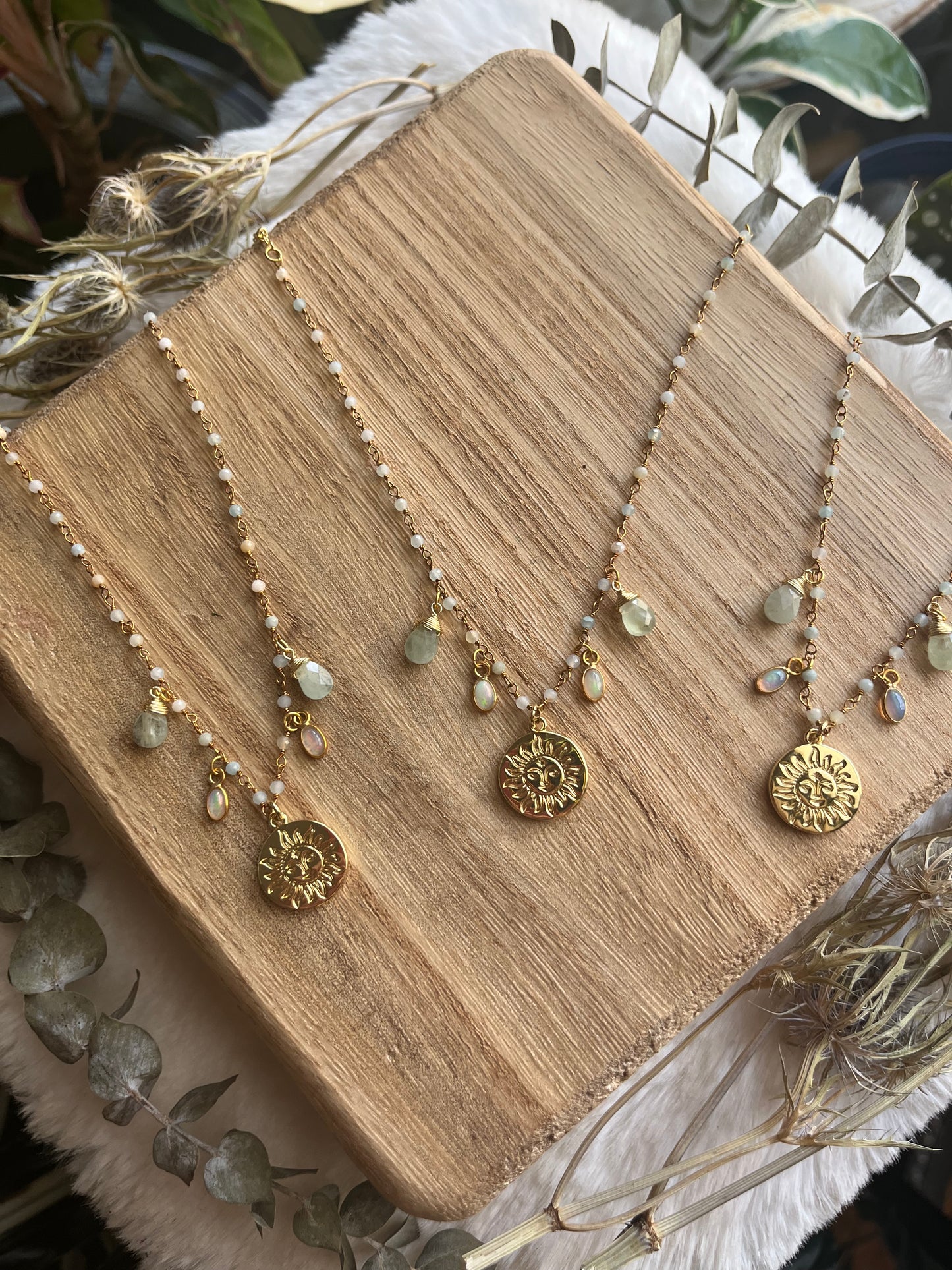 Opal & Aquamarine Sun Charm Necklace in Gold Fill